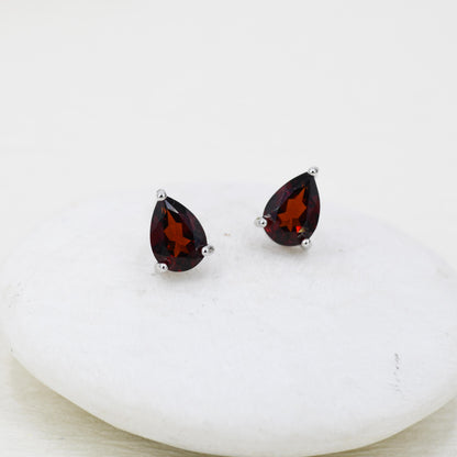 Genuine Garnet Droplet Stud Earrings in Sterling Silver, 5x7mm Garnet Crystal Earrings, Natural Red Garnet Pear Earrings