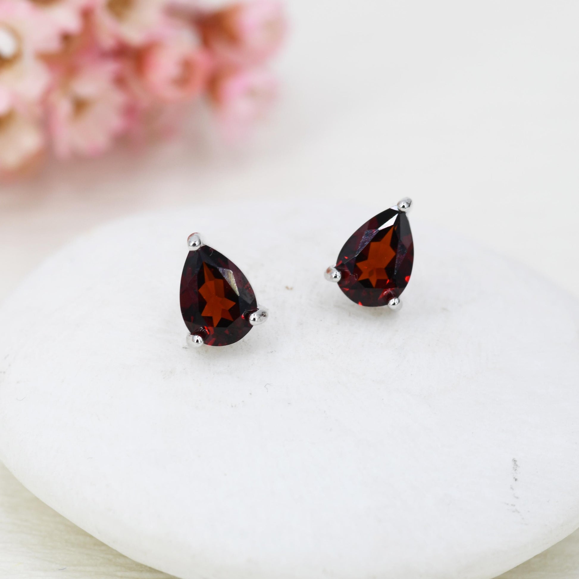 Genuine Garnet Droplet Stud Earrings in Sterling Silver, 5x7mm Garnet Crystal Earrings, Natural Red Garnet Pear Earrings