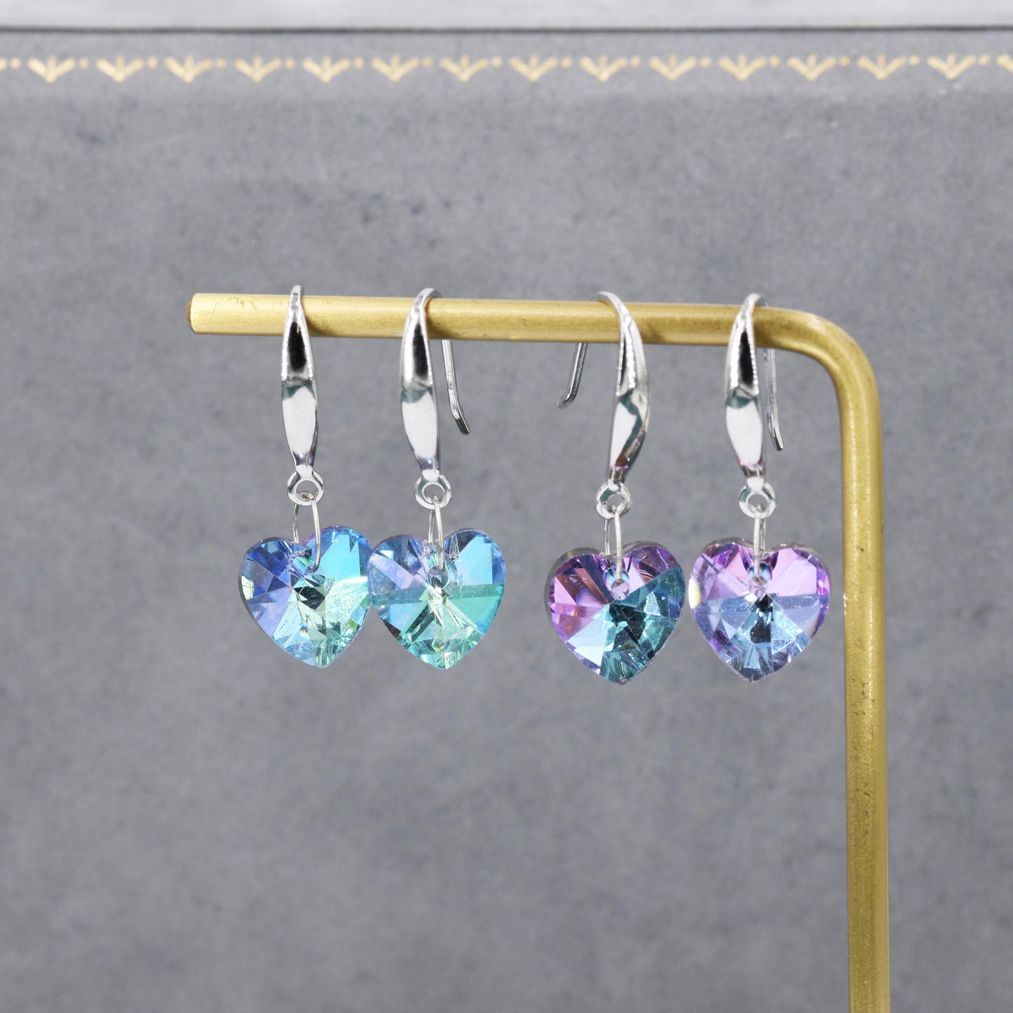 Alexandrite CZ Heart Drop Dangle Earrings in Sterling Silver, Silver or Rose Gold, Blue Crystal Heart Earrings