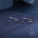 Sapphire Blue Baguette Cut CZ Huggie Hoop Earrings in Sterling Silver, Silver or Gold, Open Hoops, Pull-Through Threader Earrings