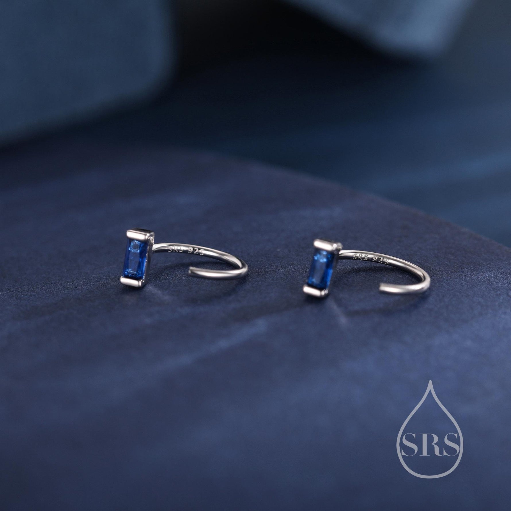 Sapphire Blue Baguette Cut CZ Huggie Hoop Earrings in Sterling Silver, Silver or Gold, Open Hoops, Pull-Through Threader Earrings