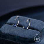 Sapphire Blue Baguette Cut CZ Huggie Hoop Earrings in Sterling Silver, Silver or Gold, Open Hoops, Pull-Through Threader Earrings