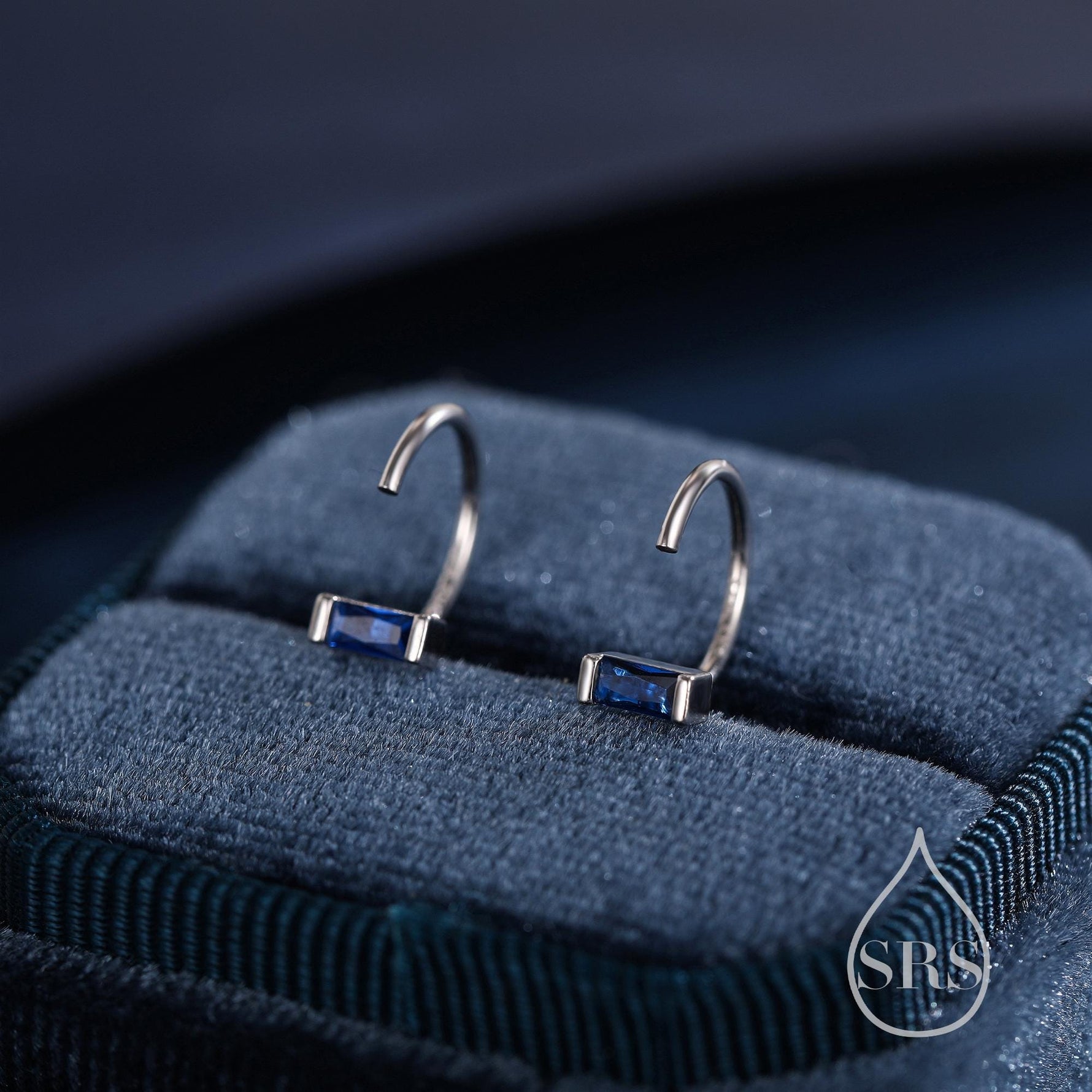 Sapphire Blue Baguette Cut CZ Huggie Hoop Earrings in Sterling Silver, Silver or Gold, Open Hoops, Pull-Through Threader Earrings