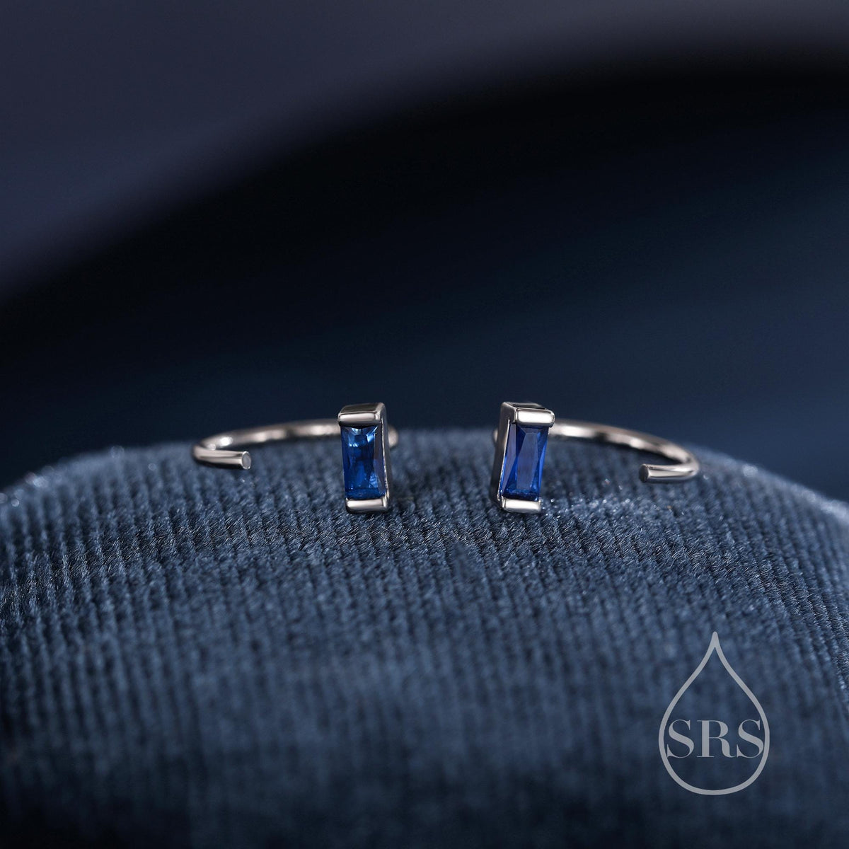 Sapphire Blue Baguette Cut CZ Huggie Hoop Earrings in Sterling Silver, Silver or Gold, Open Hoops, Pull-Through Threader Earrings