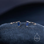 Sapphire Blue Baguette Cut CZ Huggie Hoop Earrings in Sterling Silver, Silver or Gold, Open Hoops, Pull-Through Threader Earrings