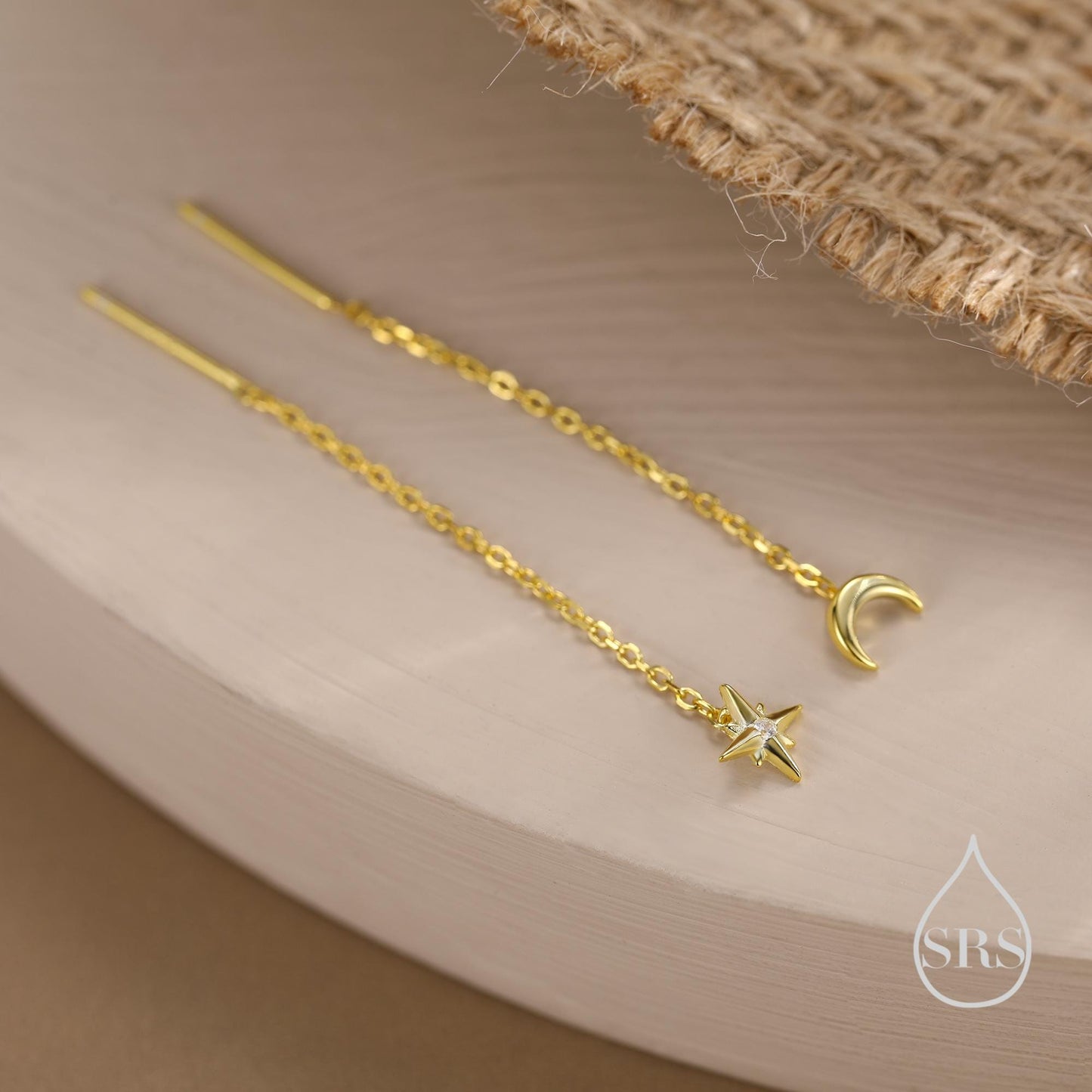 Extra Tiny CZ Starburst and Moon Threader Earrings in Sterling Silver, Silver or Gold or Rose Gold, North Star Ear Threaders, Star Threaders