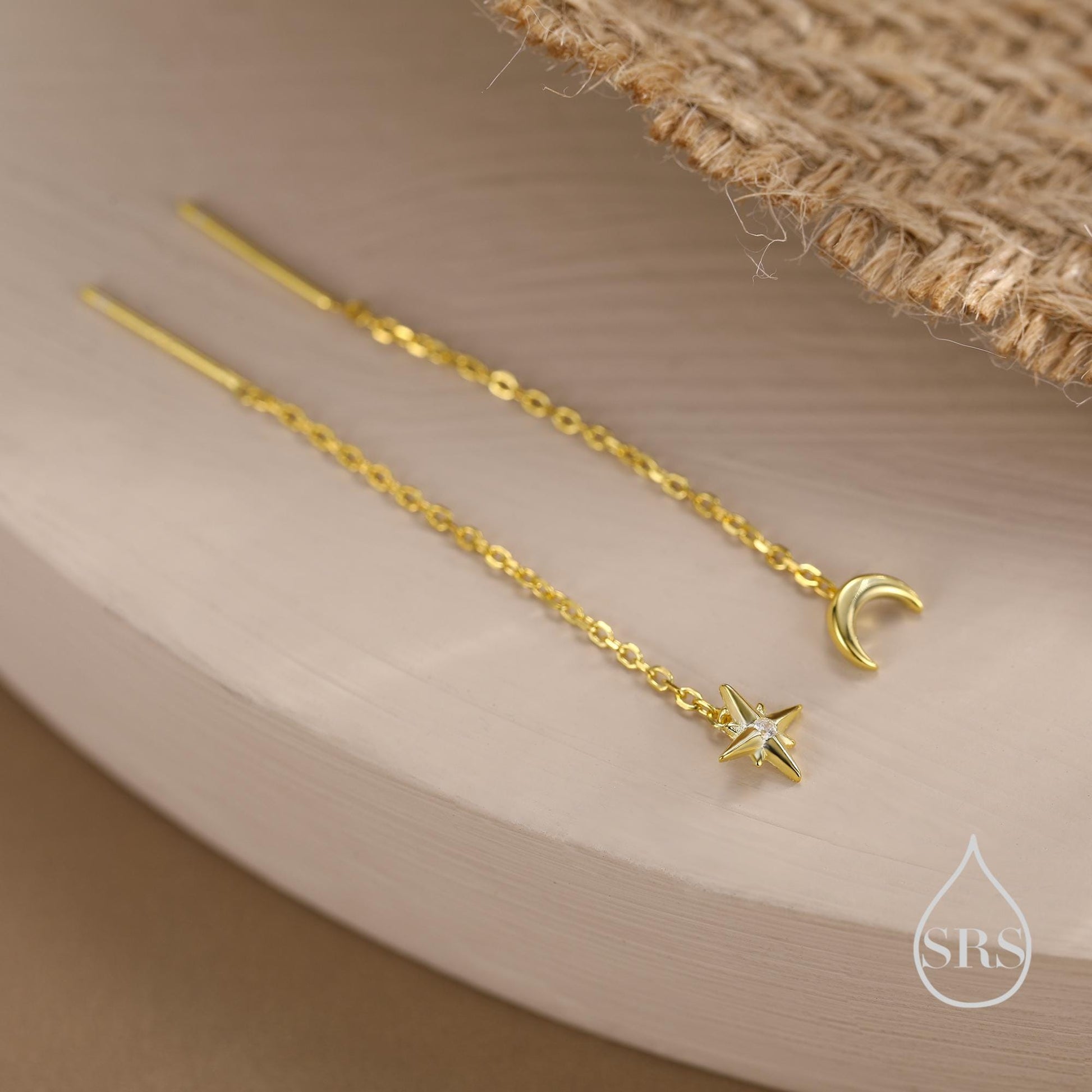 Extra Tiny CZ Starburst and Moon Threader Earrings in Sterling Silver, Silver or Gold or Rose Gold, North Star Ear Threaders, Star Threaders