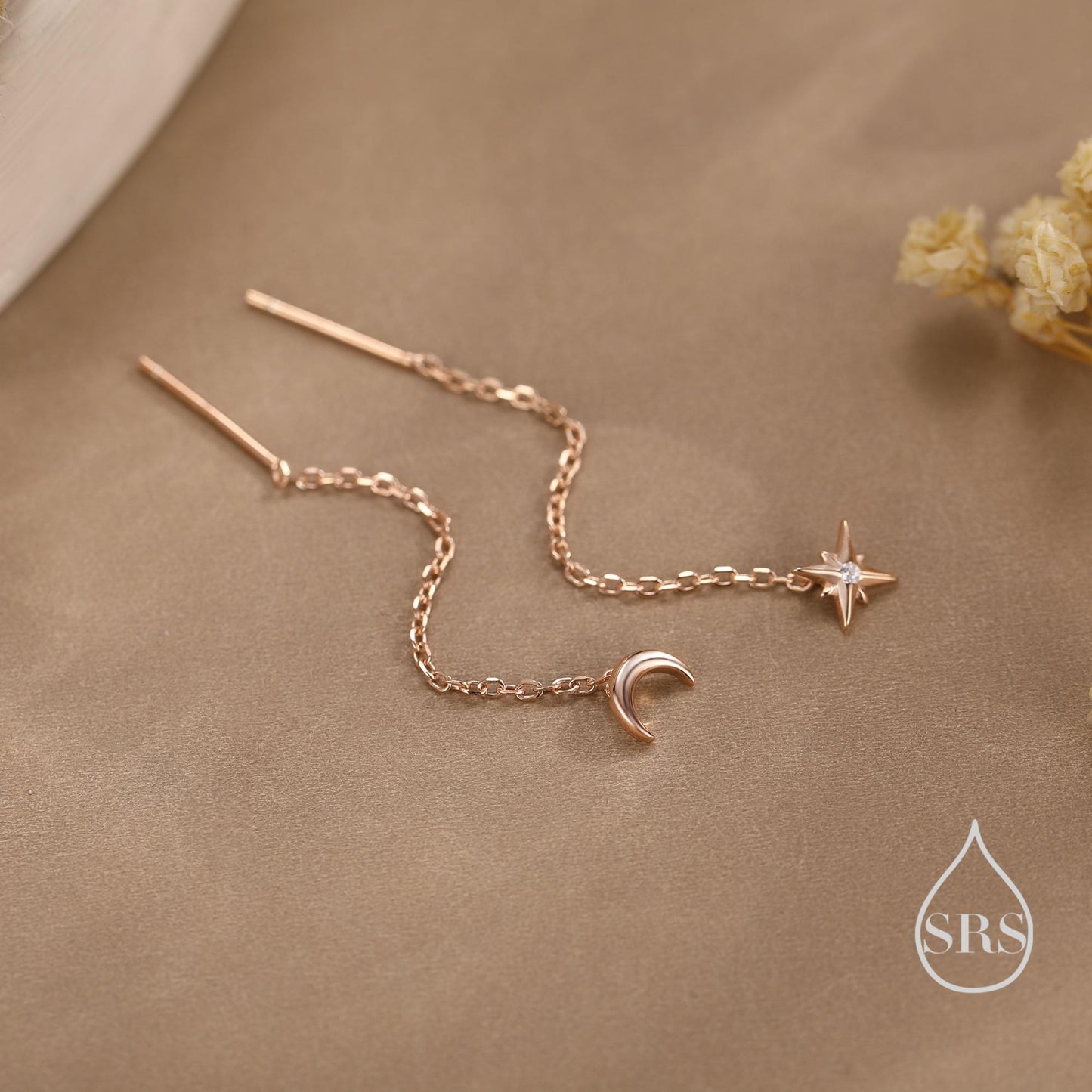 Extra Tiny CZ Starburst and Moon Threader Earrings in Sterling Silver, Silver or Gold or Rose Gold, North Star Ear Threaders, Star Threaders