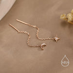 Extra Tiny CZ Starburst and Moon Threader Earrings in Sterling Silver, Silver or Gold or Rose Gold, North Star Ear Threaders, Star Threaders