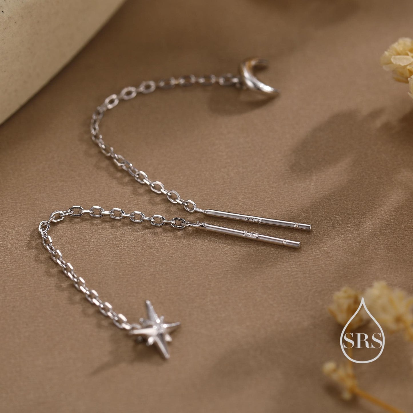 Extra Tiny CZ Starburst and Moon Threader Earrings in Sterling Silver, Silver or Gold or Rose Gold, North Star Ear Threaders, Star Threaders