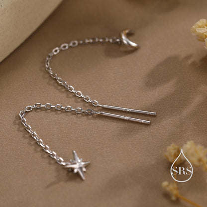 Extra Tiny CZ Starburst and Moon Threader Earrings in Sterling Silver, Silver or Gold or Rose Gold, North Star Ear Threaders, Star Threaders