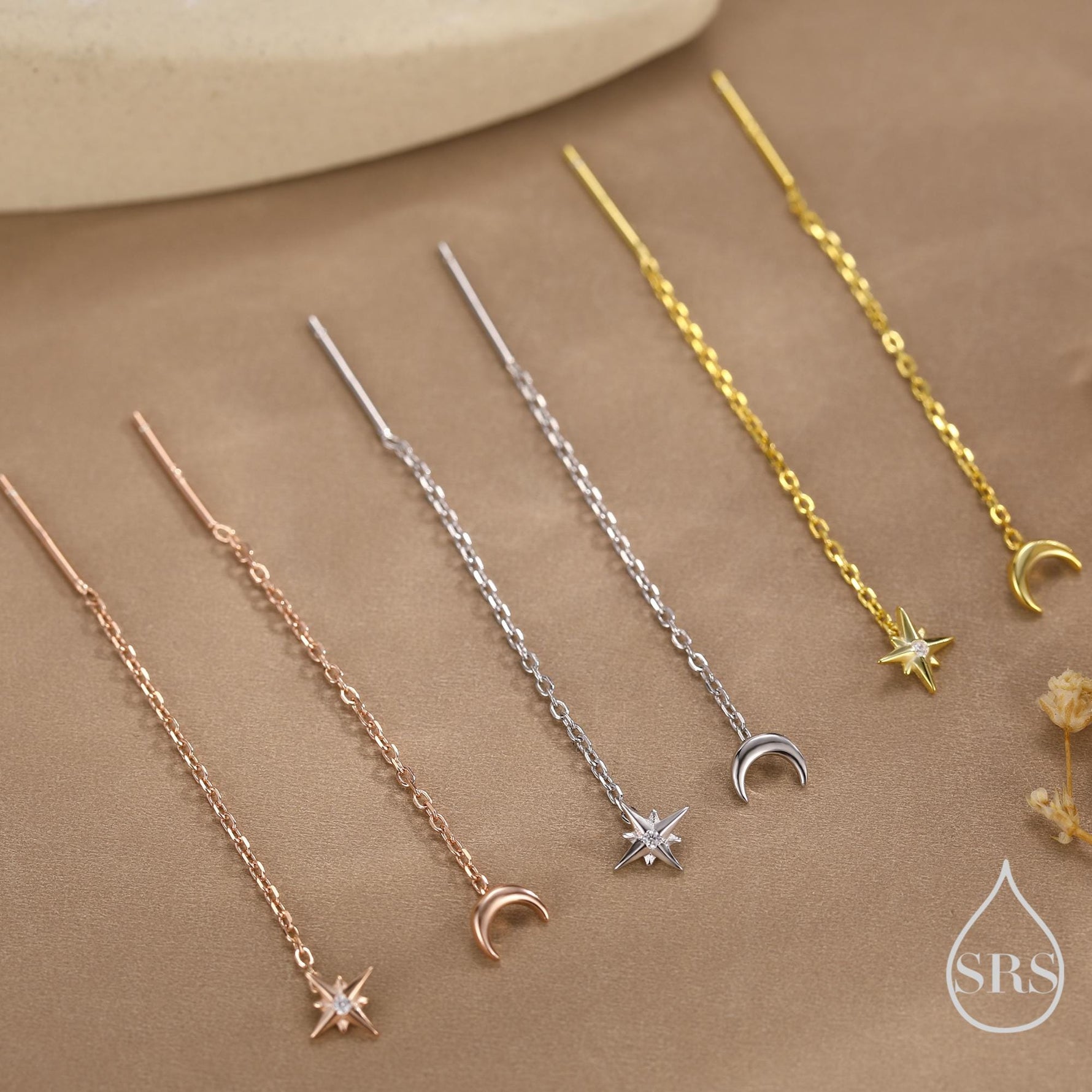 Extra Tiny CZ Starburst and Moon Threader Earrings in Sterling Silver, Silver or Gold or Rose Gold, North Star Ear Threaders, Star Threaders