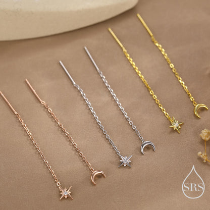 Extra Tiny CZ Starburst and Moon Threader Earrings in Sterling Silver, Silver or Gold or Rose Gold, North Star Ear Threaders, Star Threaders