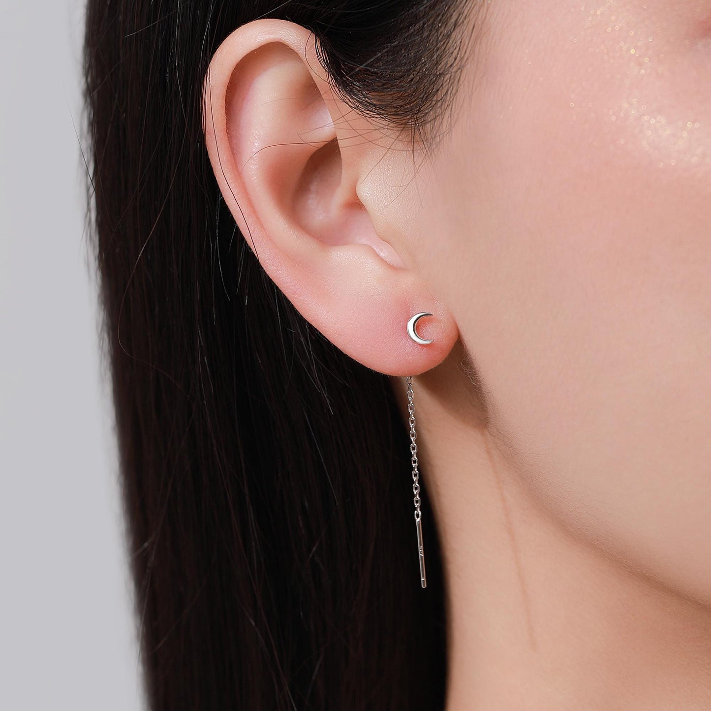 Extra Tiny CZ Starburst and Moon Threader Earrings in Sterling Silver, Silver or Gold or Rose Gold, North Star Ear Threaders, Star Threaders