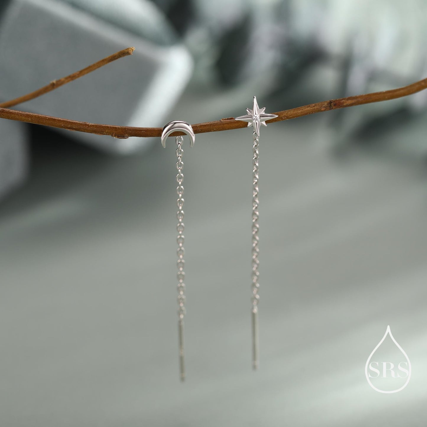 Extra Tiny CZ Starburst and Moon Threader Earrings in Sterling Silver, Silver or Gold or Rose Gold, North Star Ear Threaders, Star Threaders