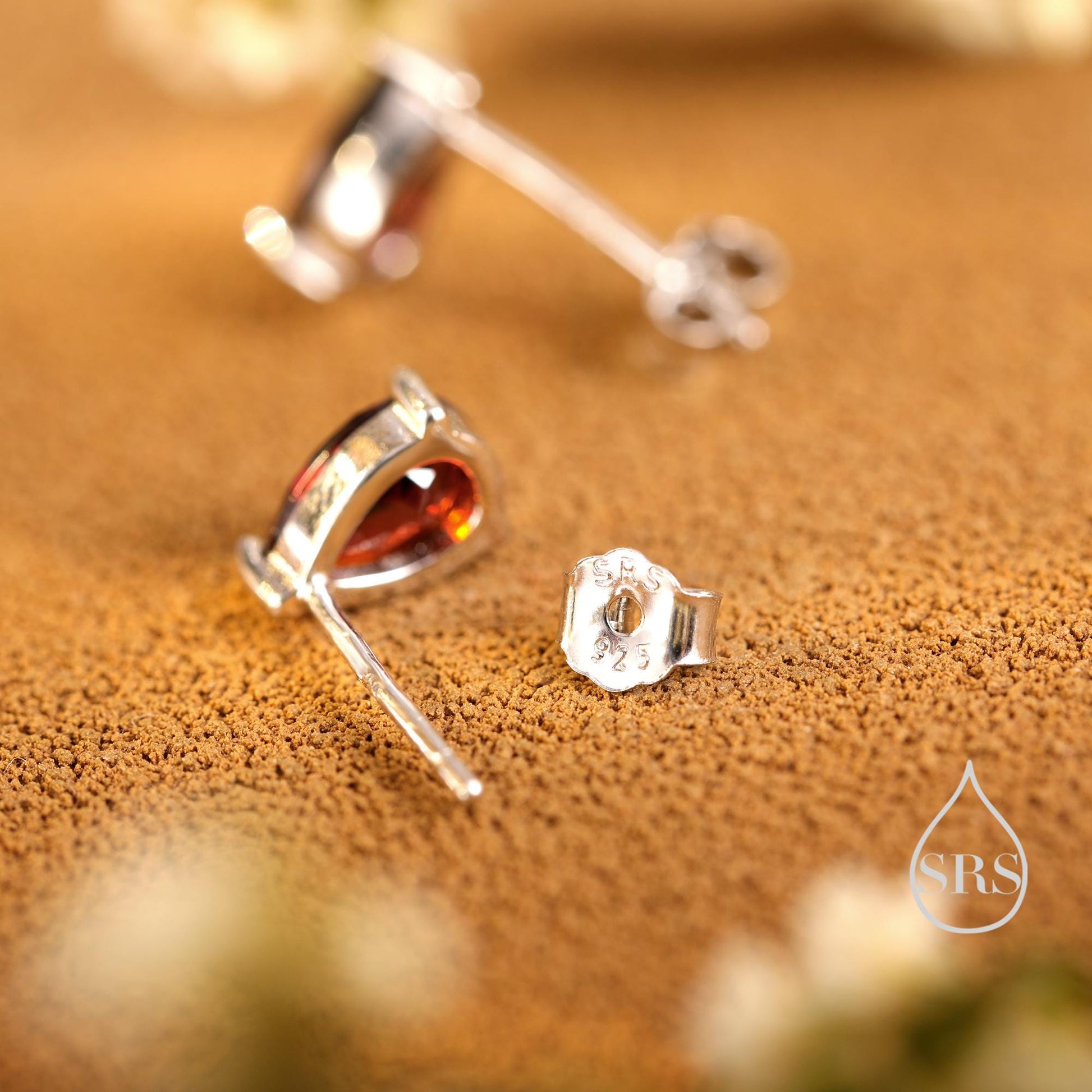 Extra Tiny Genuine Garnet Droplet Stud Earrings in Sterling Silver, 3x5mm Garnet Crystal Earrings, Natural Red Garnet Pear Earrings