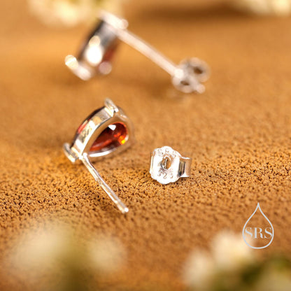 Extra Tiny Genuine Garnet Droplet Stud Earrings in Sterling Silver, 3x5mm Garnet Crystal Earrings, Natural Red Garnet Pear Earrings