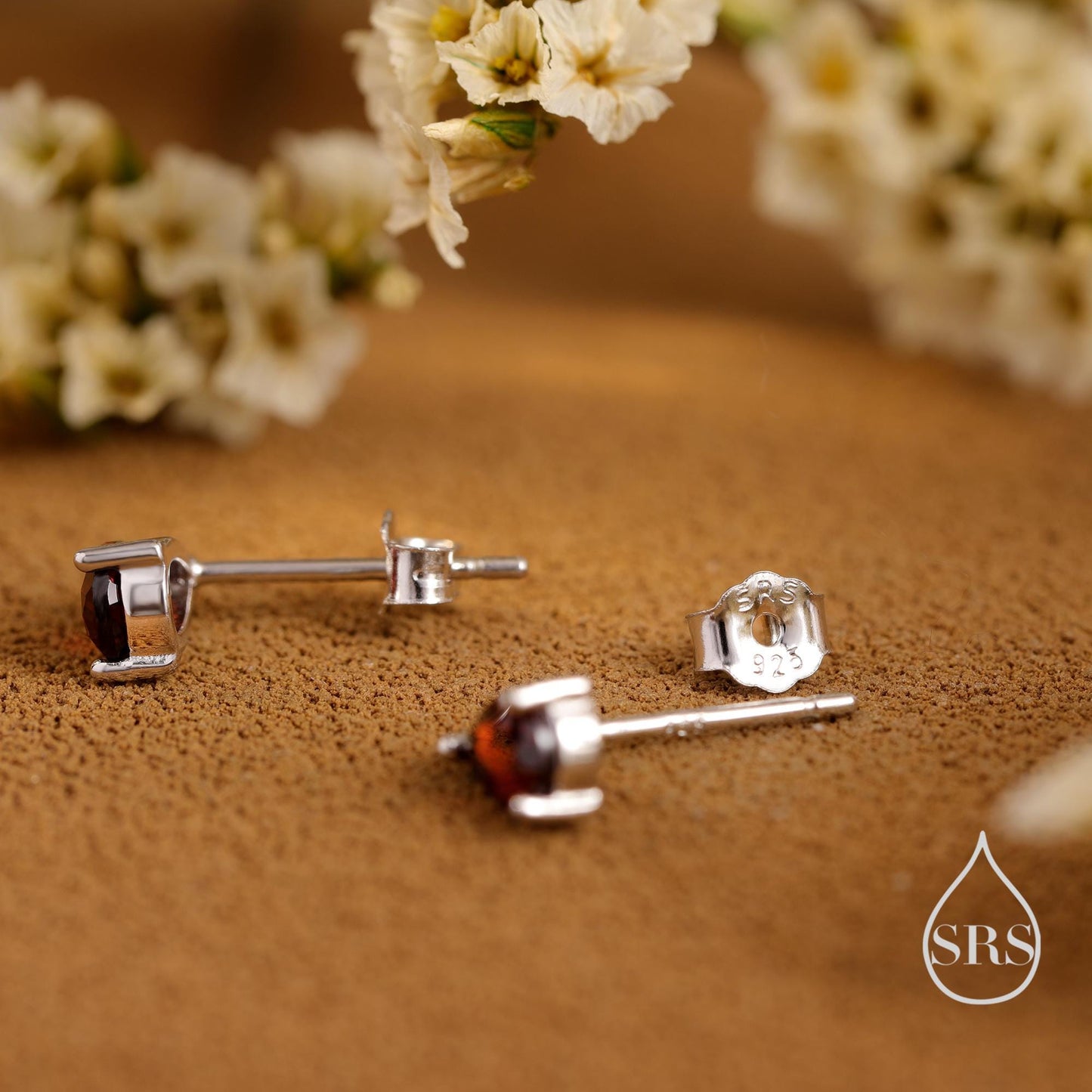 Extra Tiny Genuine Garnet Droplet Stud Earrings in Sterling Silver, 3x5mm Garnet Crystal Earrings, Natural Red Garnet Pear Earrings