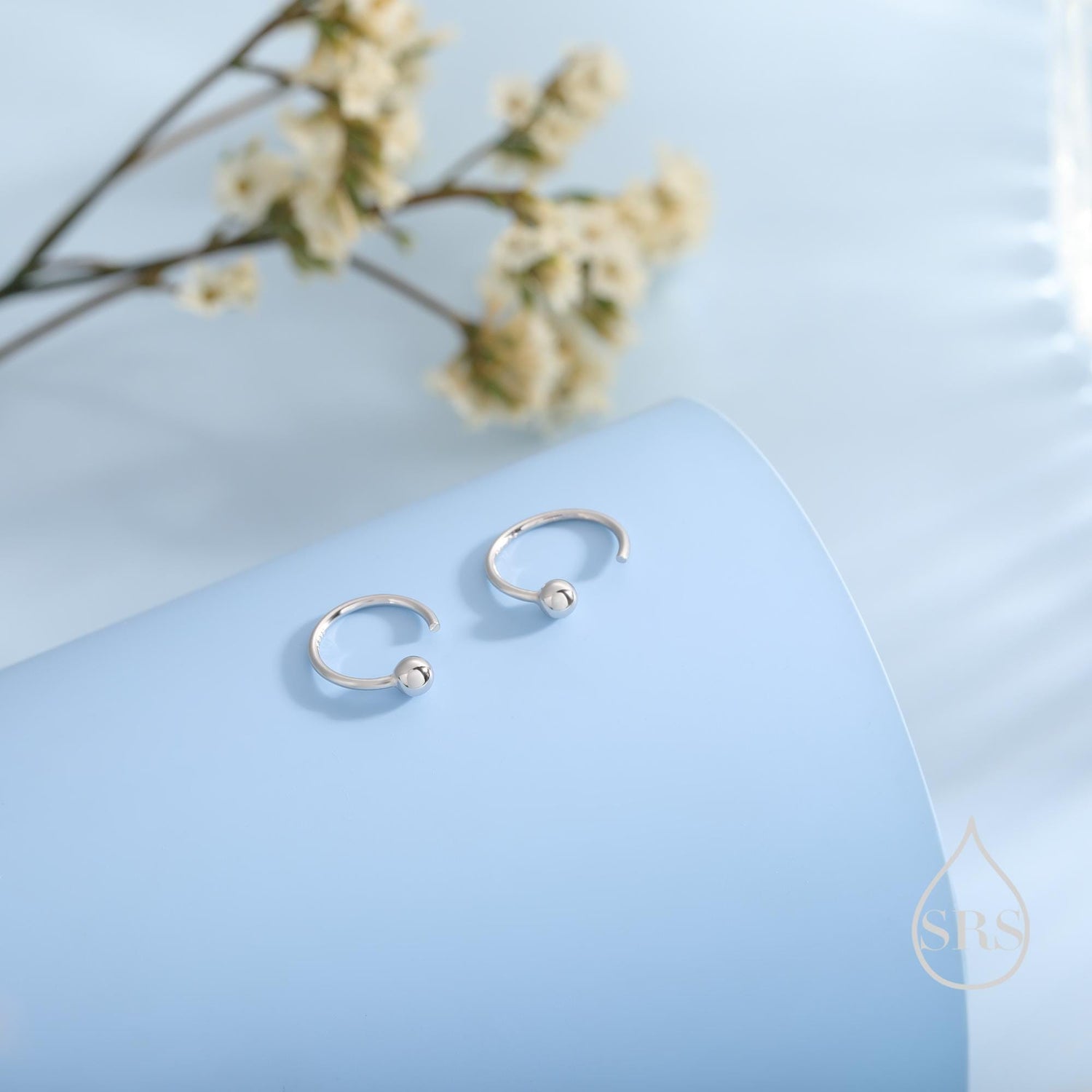 Minimalist Ball Huggie Hoop Threader Earrings in Sterling Silver, 6mm and 8mm, Silver, Gold or Rose Gold Finish, Pull Through Open Hoops