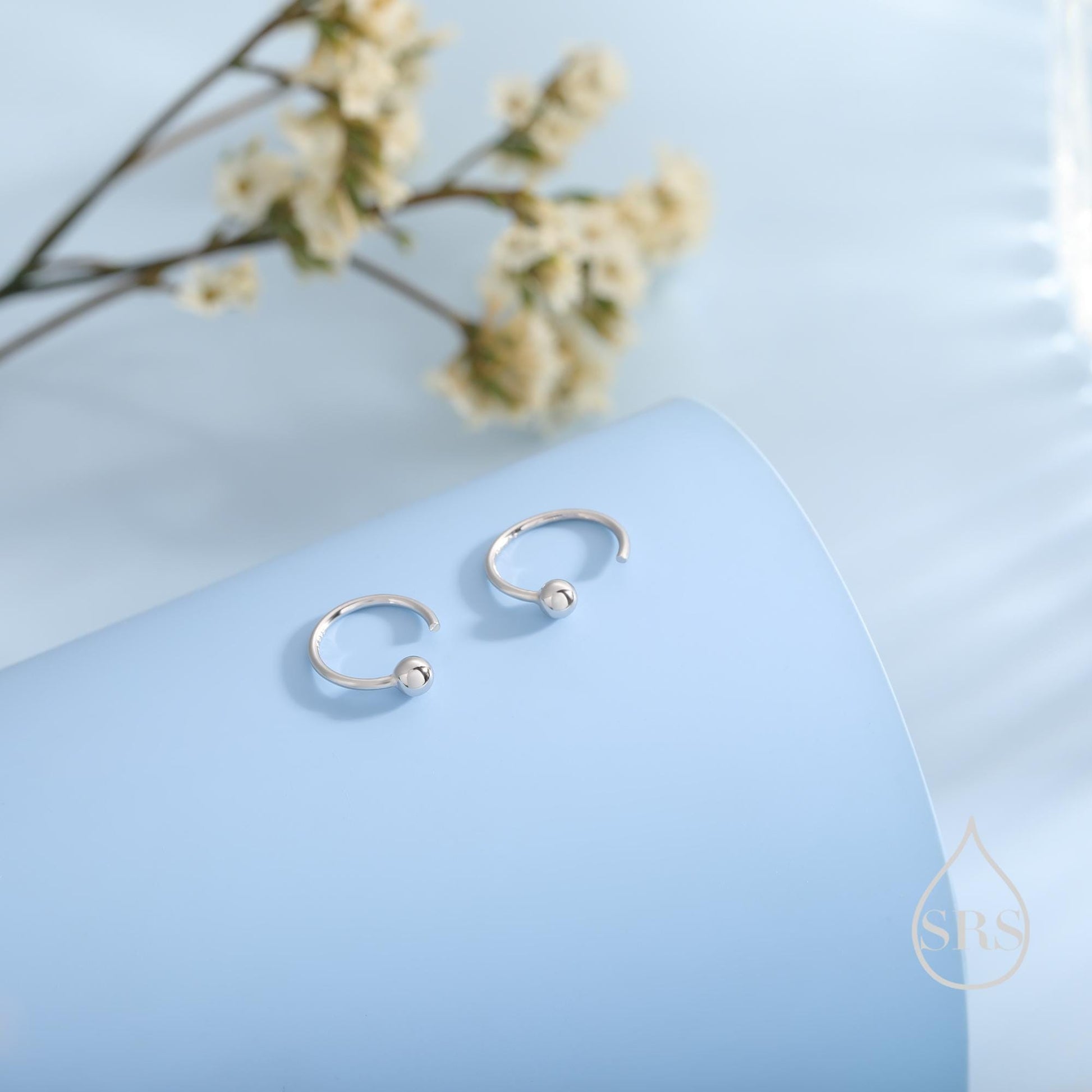 Minimalist Ball Huggie Hoop Threader Earrings in Sterling Silver, 6mm and 8mm, Silver, Gold or Rose Gold Finish, Pull Through Open Hoops