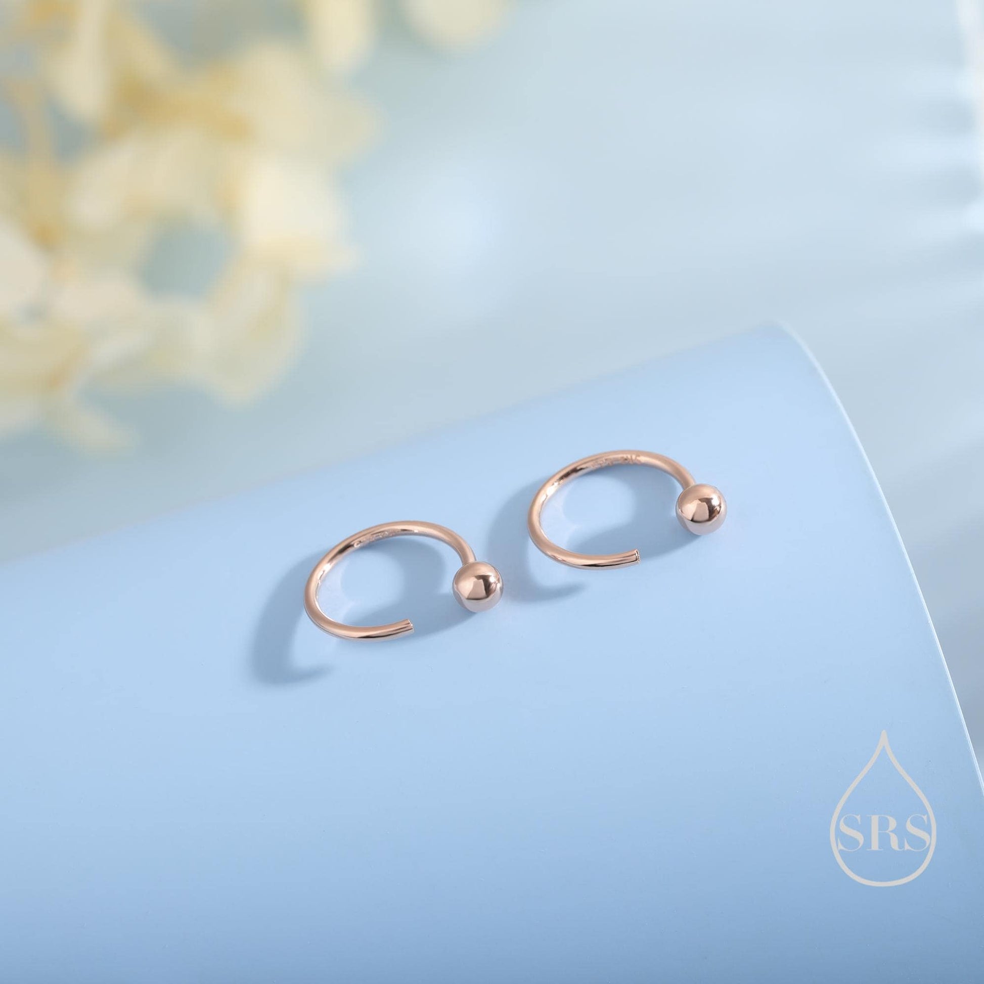 Minimalist Ball Huggie Hoop Threader Earrings in Sterling Silver, 6mm and 8mm, Silver, Gold or Rose Gold Finish, Pull Through Open Hoops