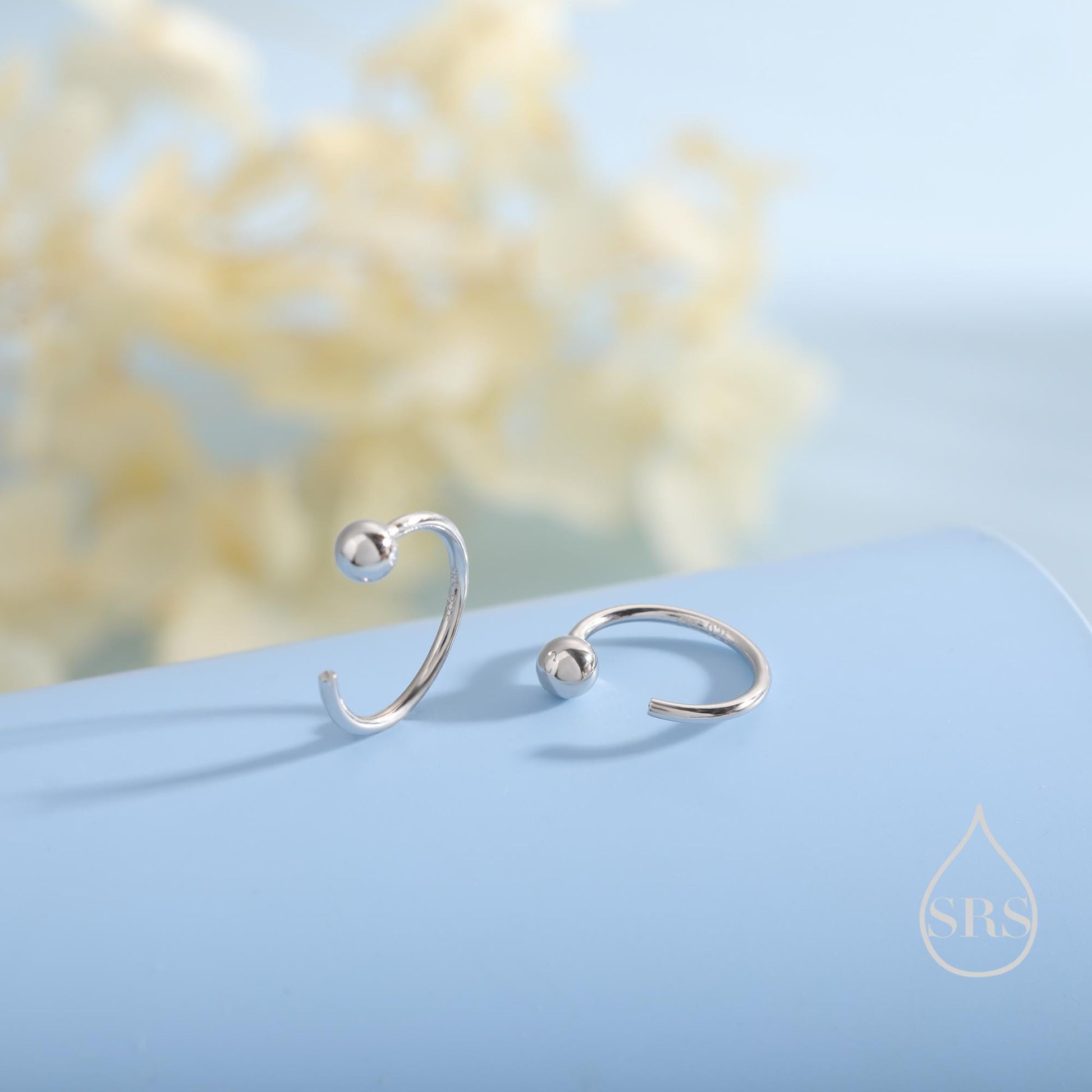 Minimalist Ball Huggie Hoop Threader Earrings in Sterling Silver, 6mm and 8mm, Silver, Gold or Rose Gold Finish, Pull Through Open Hoops