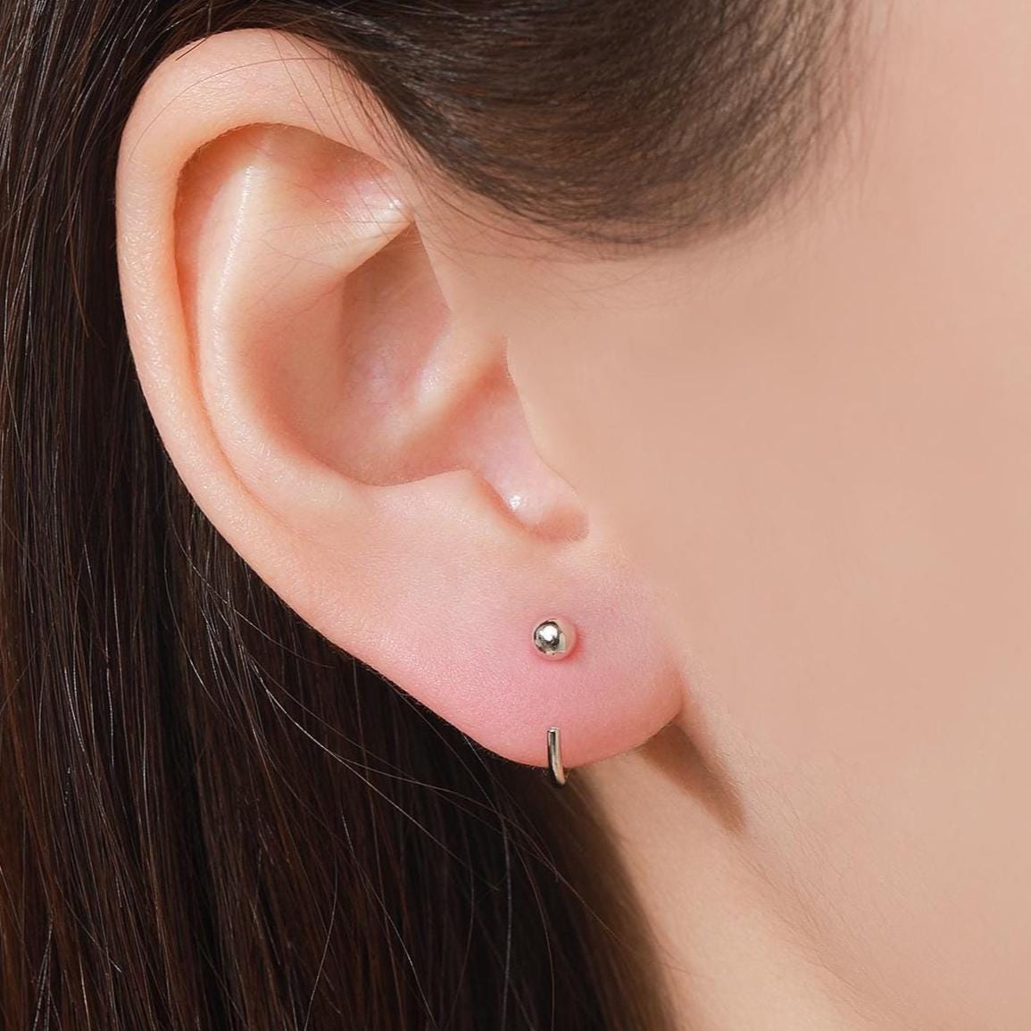 Minimalist Ball Huggie Hoop Threader Earrings in Sterling Silver, 6mm and 8mm, Silver, Gold or Rose Gold Finish, Pull Through Open Hoops