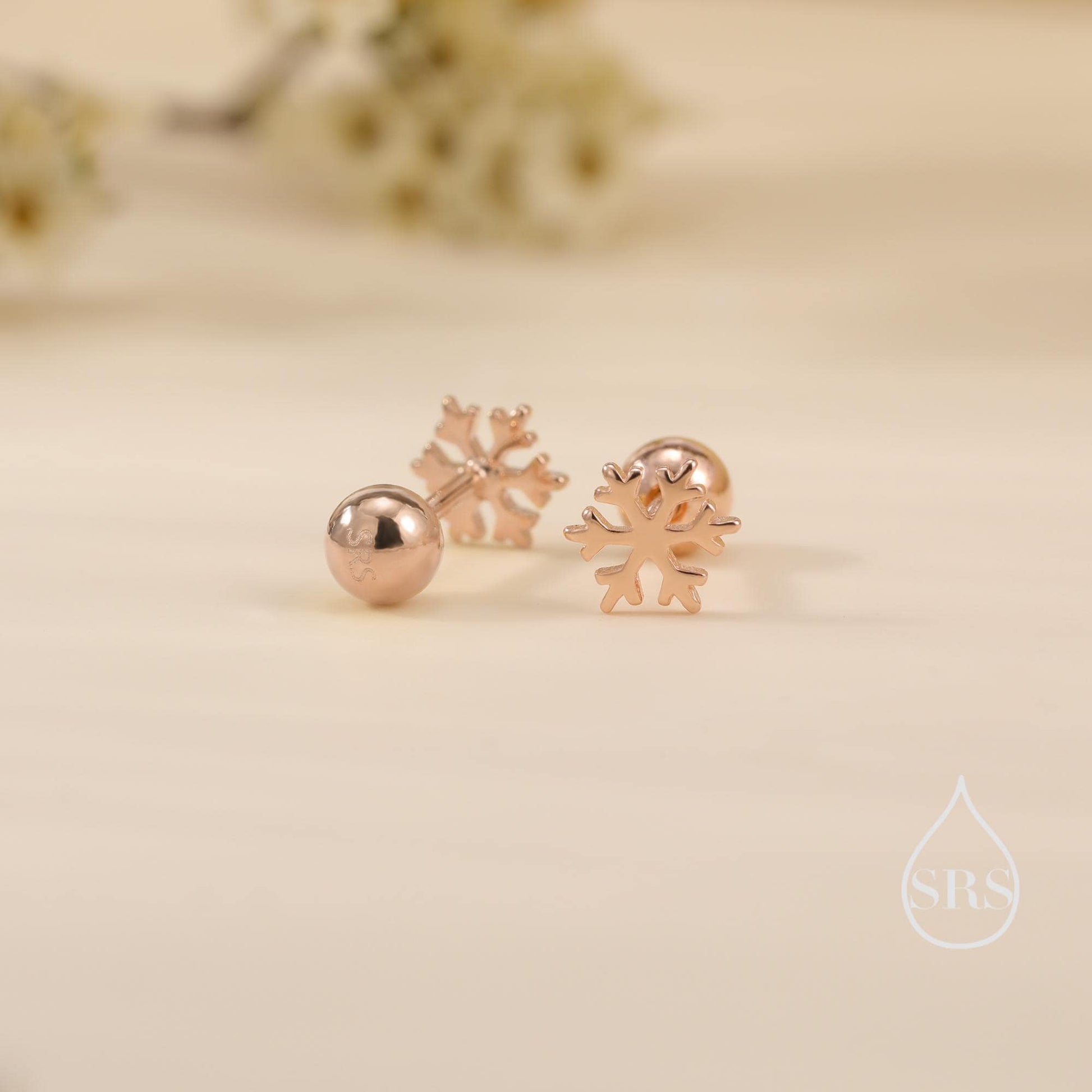 Snowflake Screw Back Earrings in Sterling Silver, Snow Earrings, Available in Three Finishes - Silver, Gold and Rose Gold, Dainty Snowflake