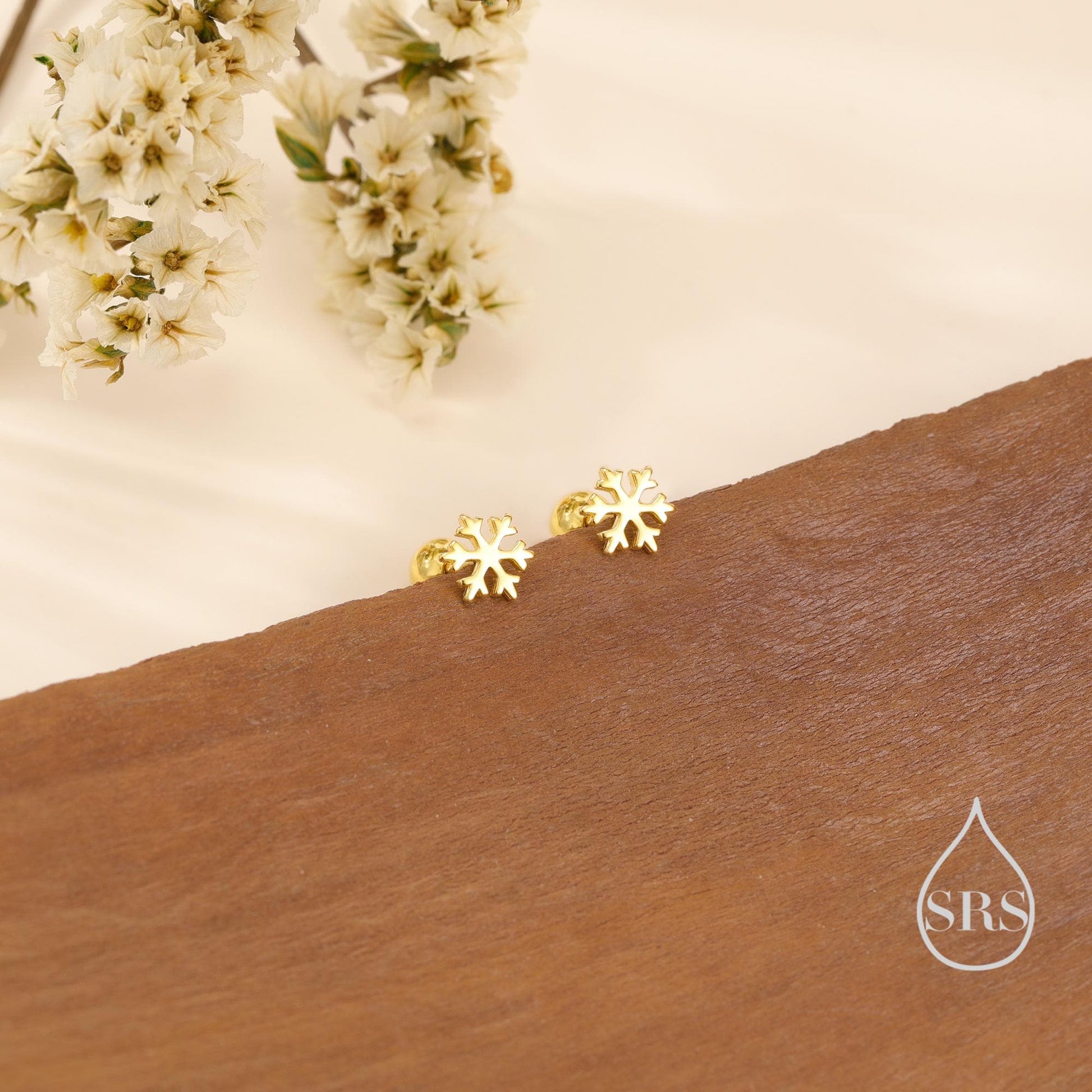 Snowflake Screw Back / Flat Back Earrings in Sterling Silver, Snow Earrings, Available in Three Finishes - Silver, Gold and Rose Gold