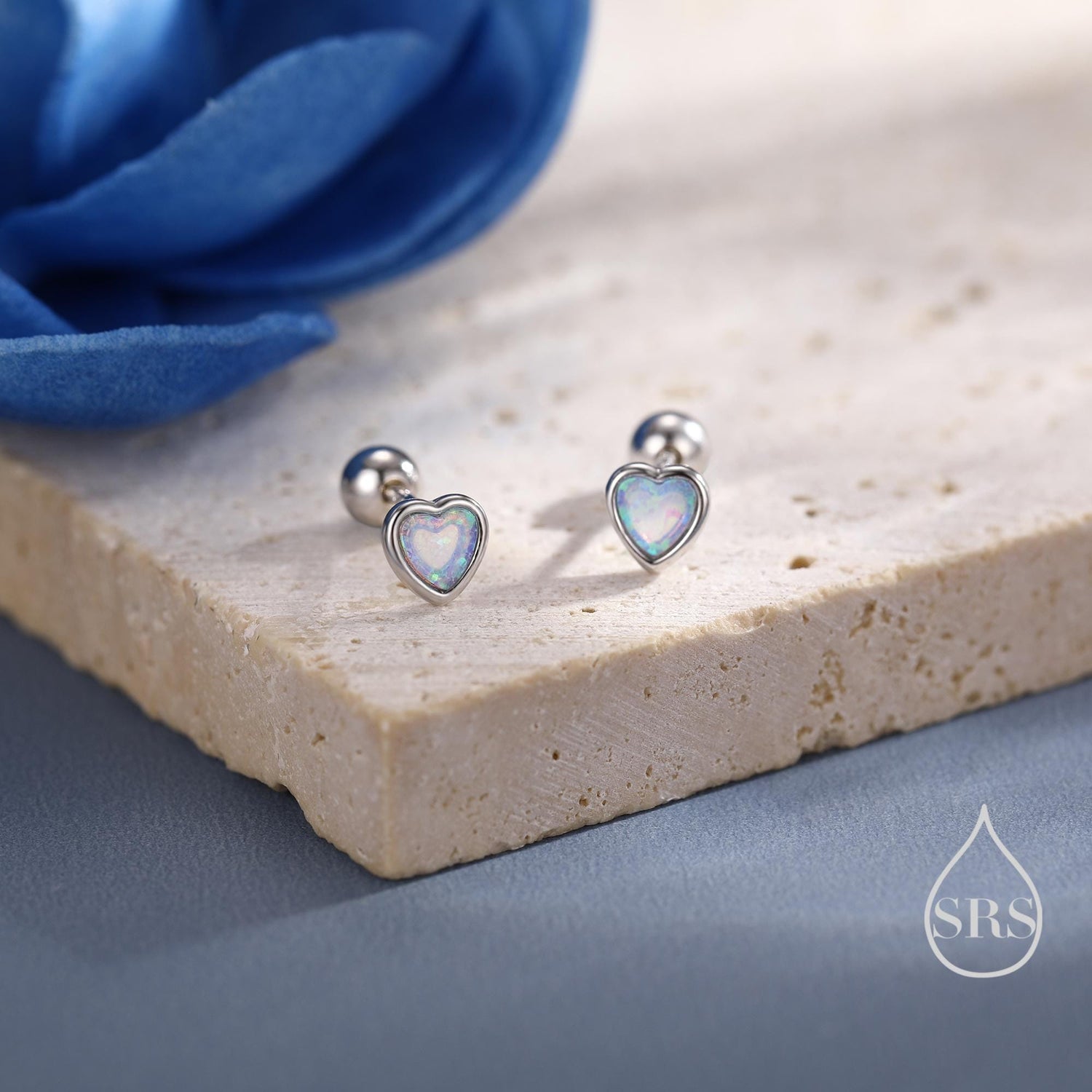Blue Opal Heart Screw back / Flat Back / Stud Earrings in Sterling Silver, Lab Opal Heart Earrings, Heart Screwback Earrings, Fire Opal
