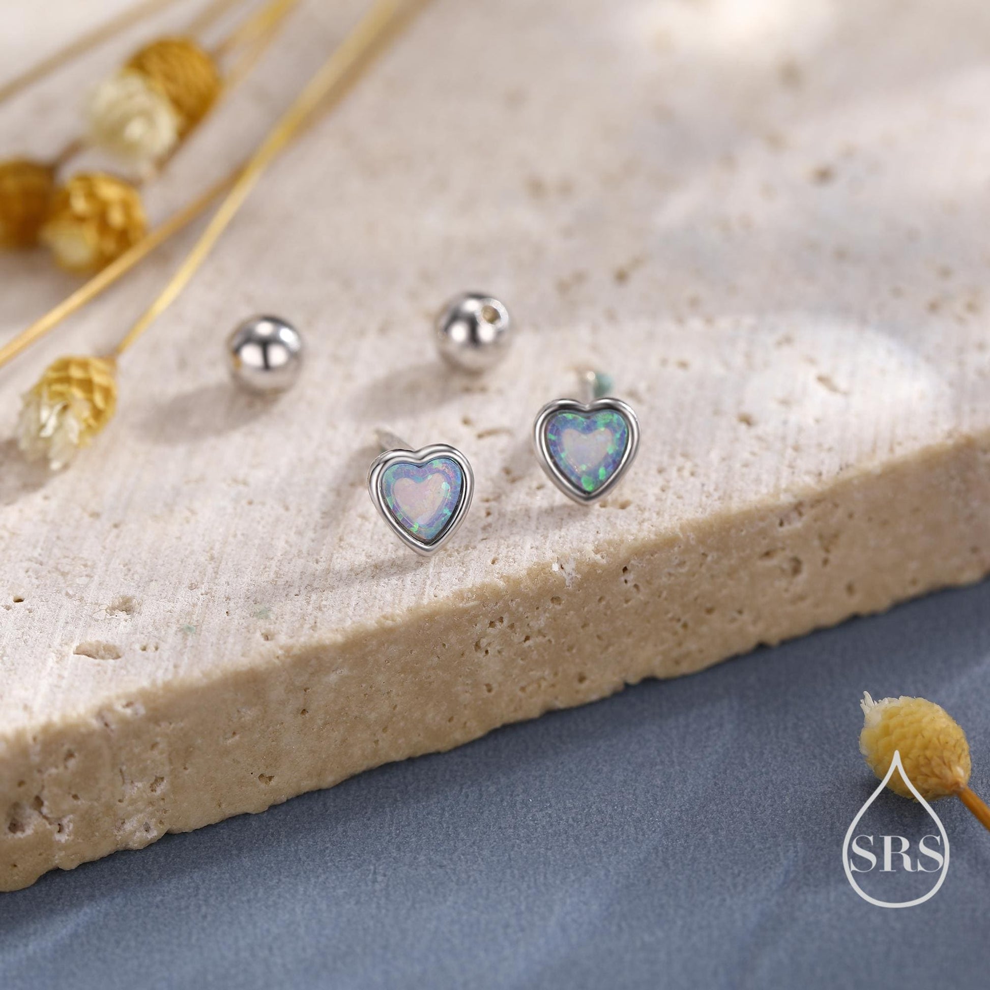 Blue Opal Heart Screw back / Flat Back / Stud Earrings in Sterling Silver, Lab Opal Heart Earrings, Heart Screwback Earrings, Fire Opal