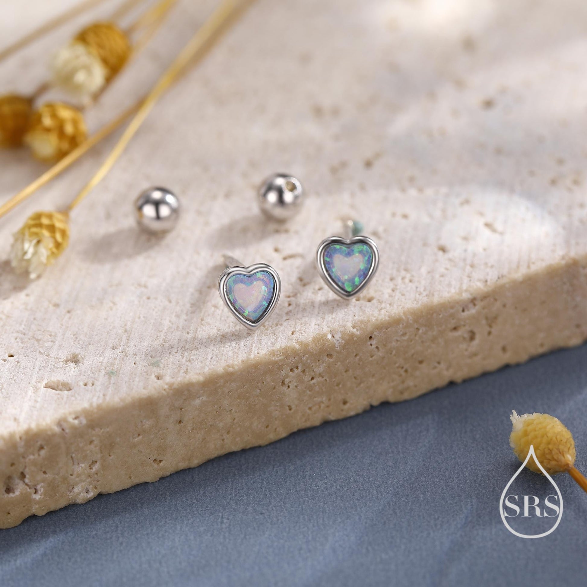 Blue Opal Heart Flat Back / Screw Back / Stud Earrings in Sterling Silver, Lab Opal Heart Earrings, Heart Screwback Earrings, Fire Opal
