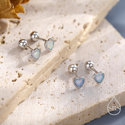 White or Blue Opal Heart Screw back / Flat Back / Stud Earrings in Sterling Silver, Lab Opal Heart Earrings, Heart Screwback Earrings