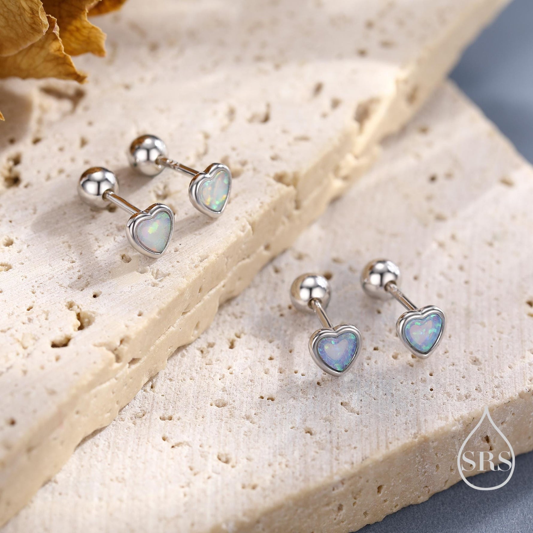 Blue Opal Heart Screw back / Flat Back / Stud Earrings in Sterling Silver, Lab Opal Heart Earrings, Heart Screwback Earrings, Fire Opal