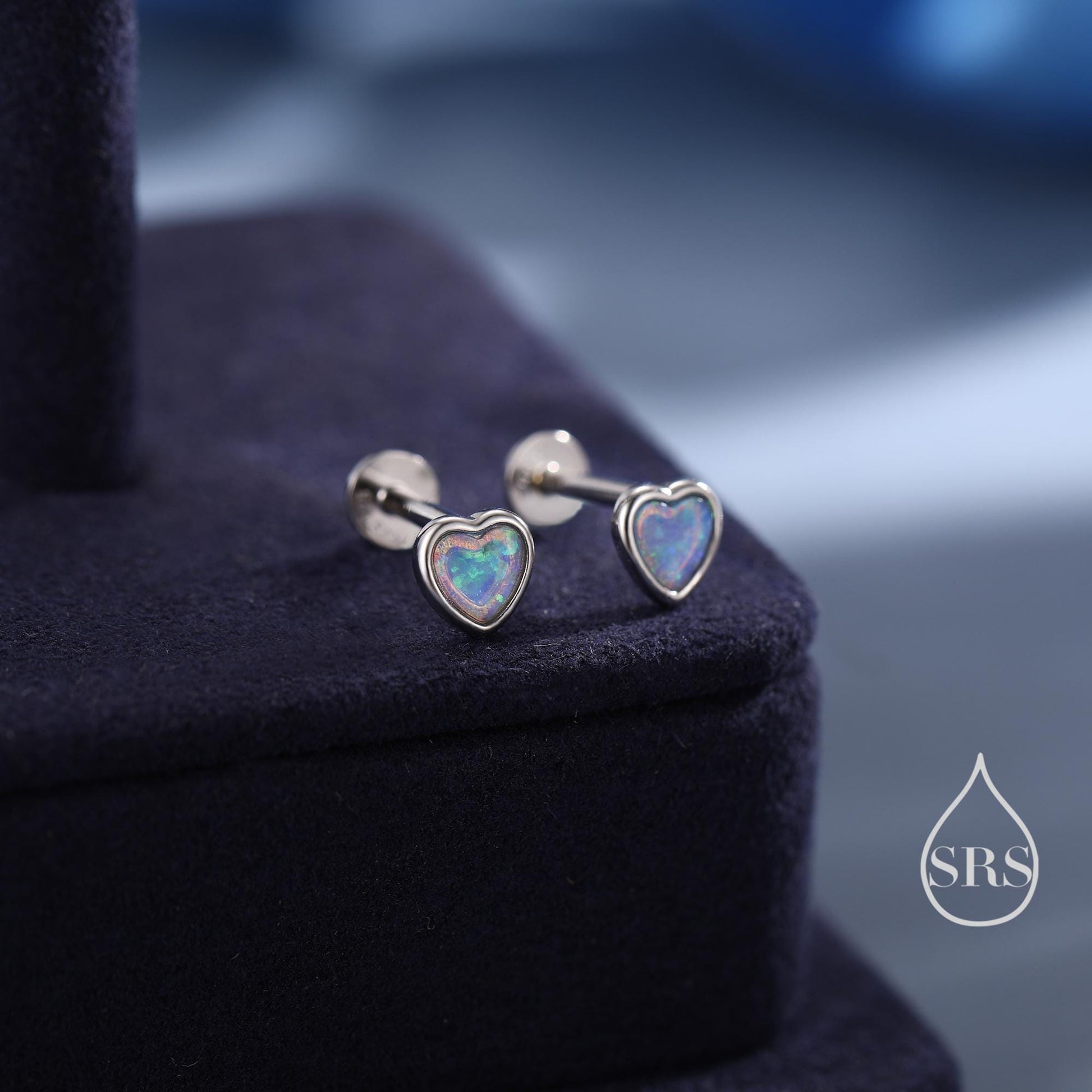 Blue Opal Heart Screw back / Flat Back / Stud Earrings in Sterling Silver, Lab Opal Heart Earrings, Heart Screwback Earrings, Fire Opal