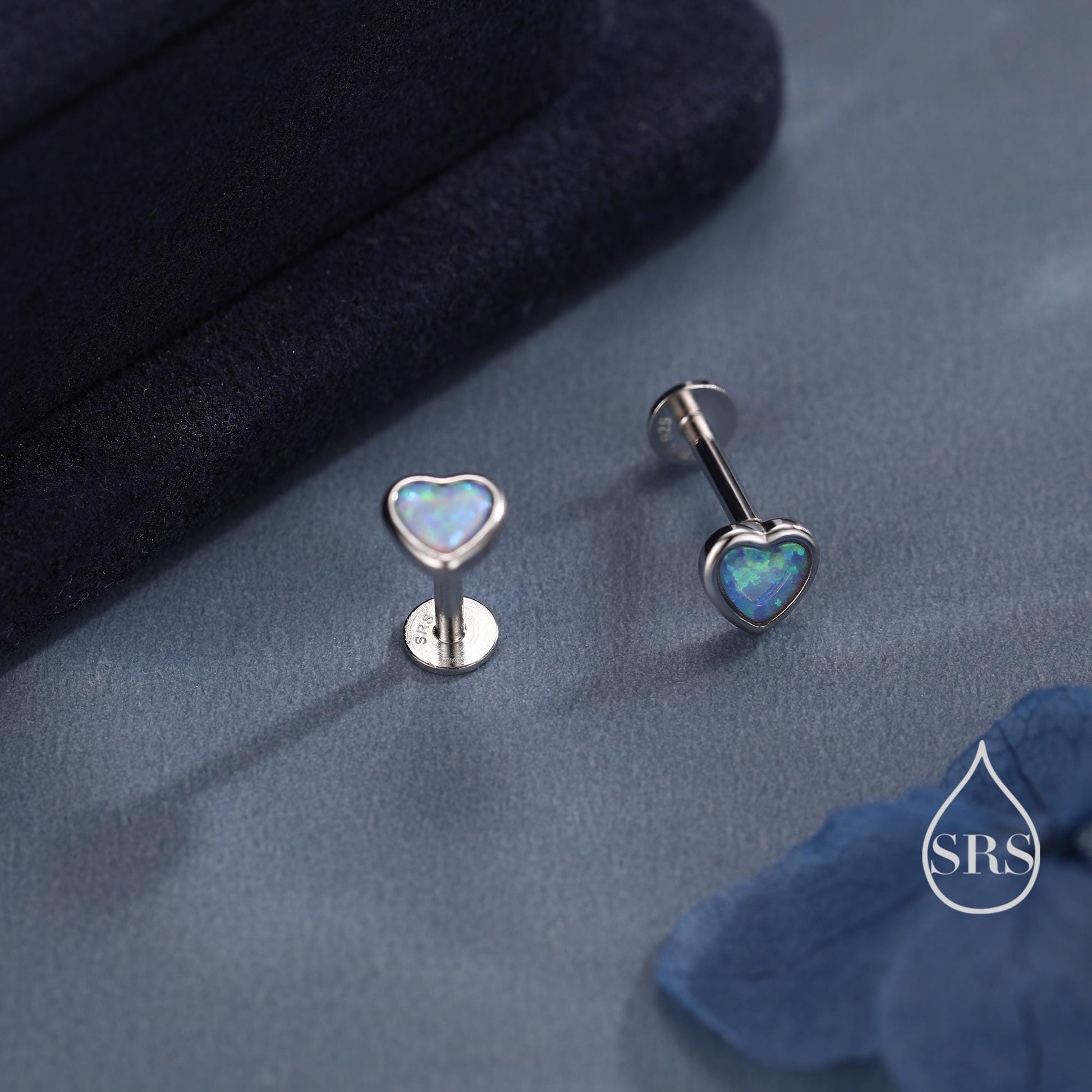 Blue Opal Heart Flat Back / Screw Back / Stud Earrings in Sterling Silver, Lab Opal Heart Earrings, Heart Screwback Earrings, Fire Opal