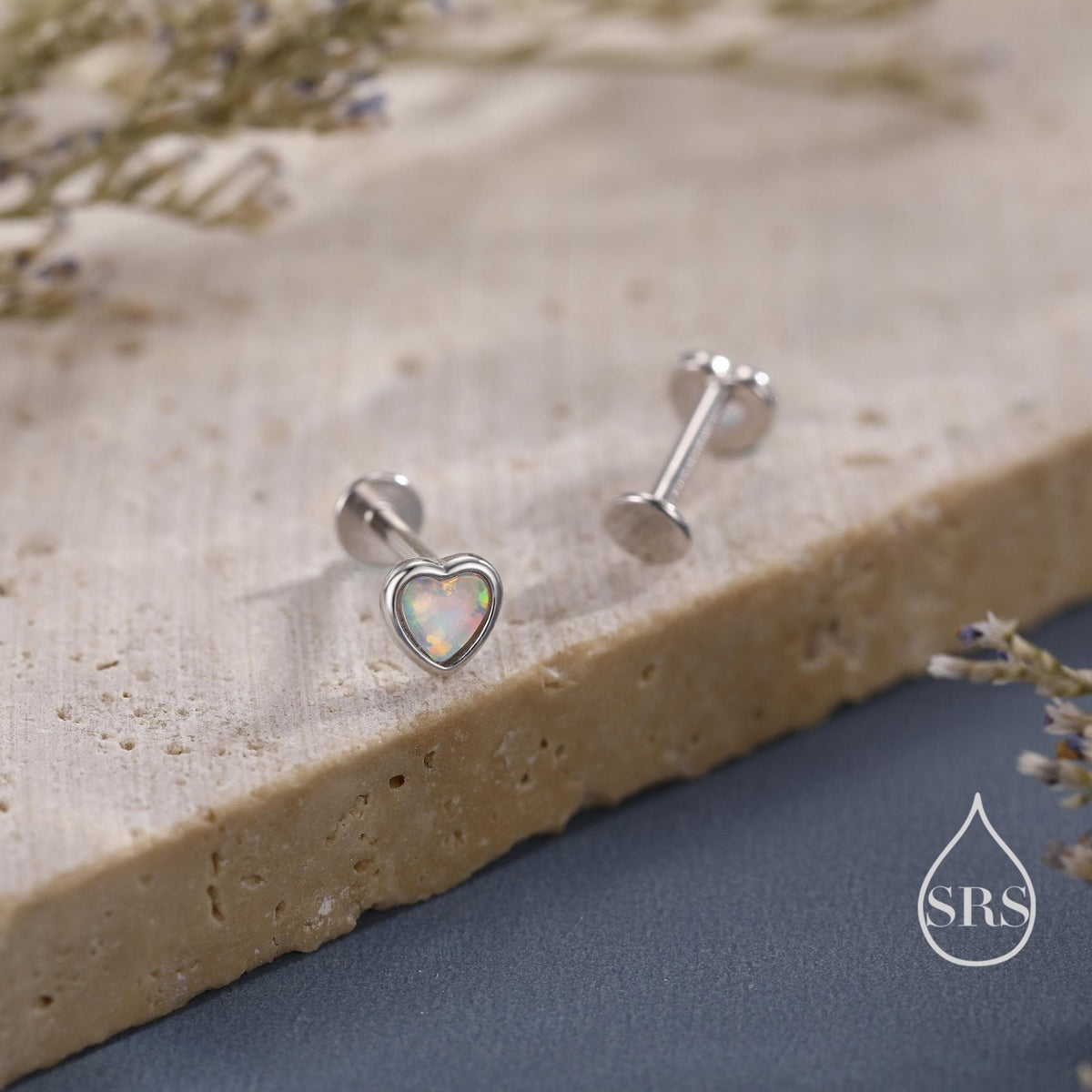 White or Blue Opal Heart 16G Flat Back Earrings in Sterling Silver