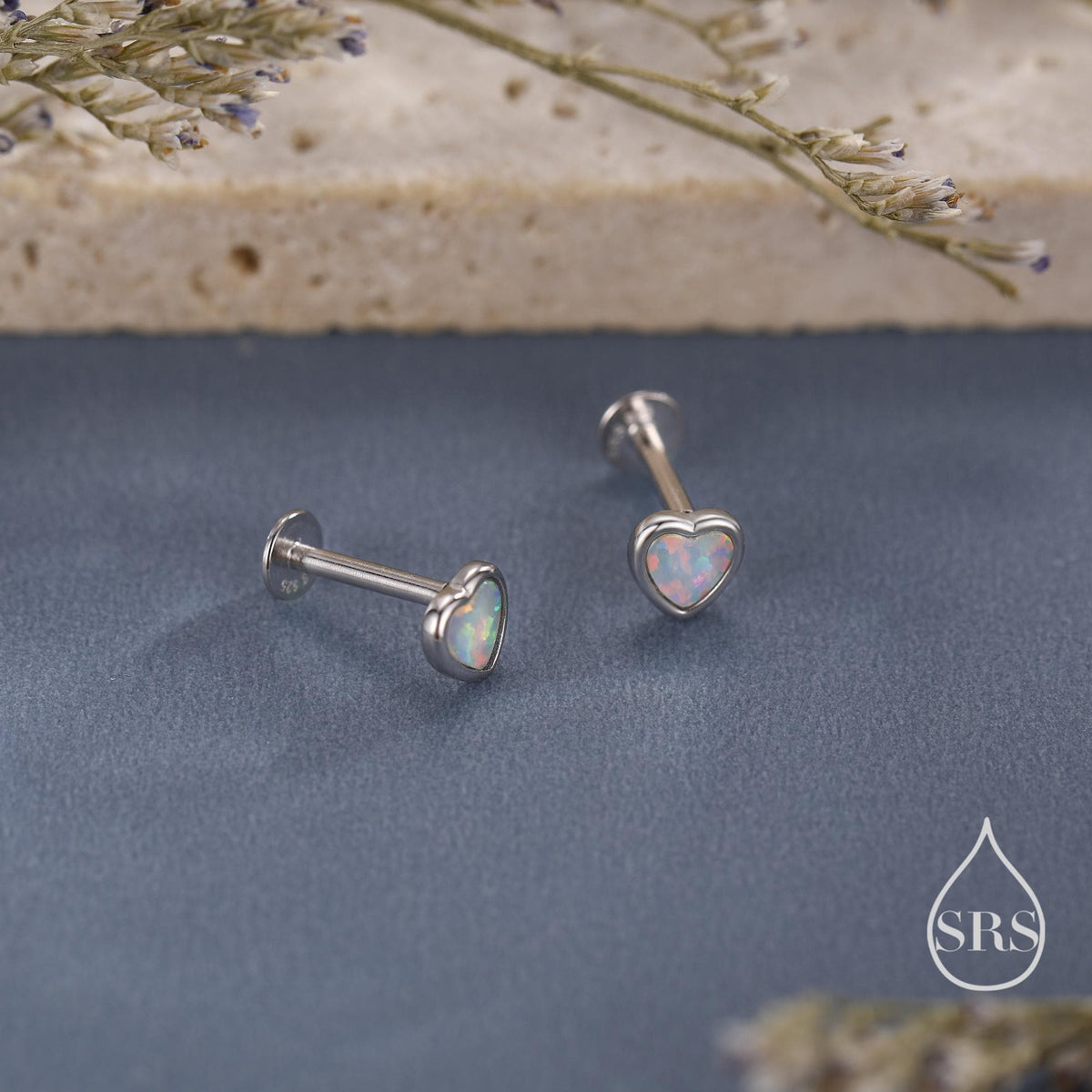 White Opal Heart 16G Flat Back Earrings in Sterling Silver
