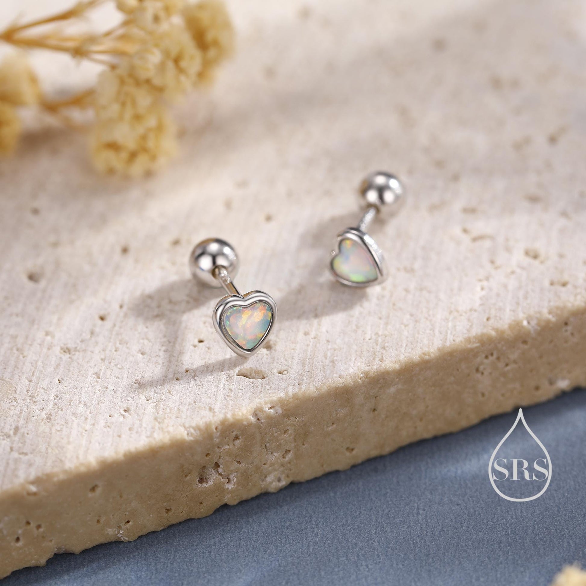 White or Blue Opal Heart Screw back / Flat Back / Stud Earrings in Sterling Silver, Lab Opal Heart Earrings, Heart Screwback Earrings