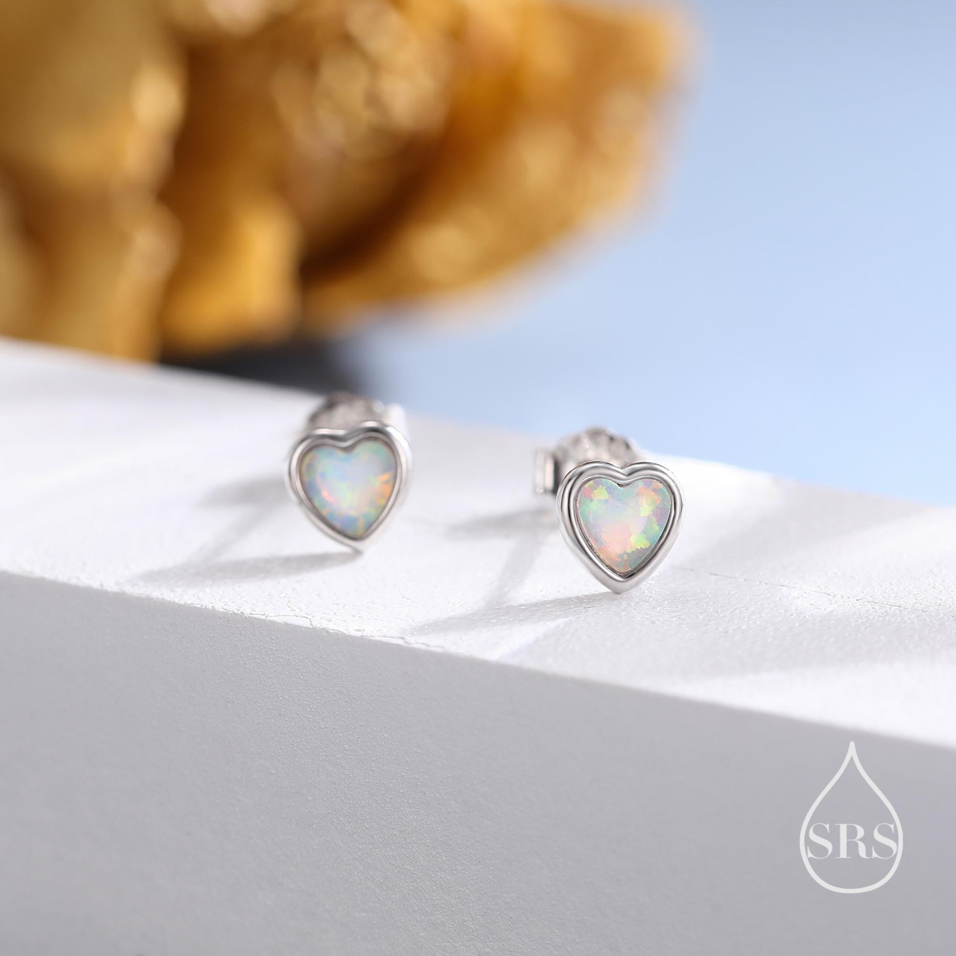 White or Blue Opal Heart Screw back / Flat Back / Stud Earrings in Sterling Silver, Lab Opal Heart Earrings, Heart Screwback Earrings