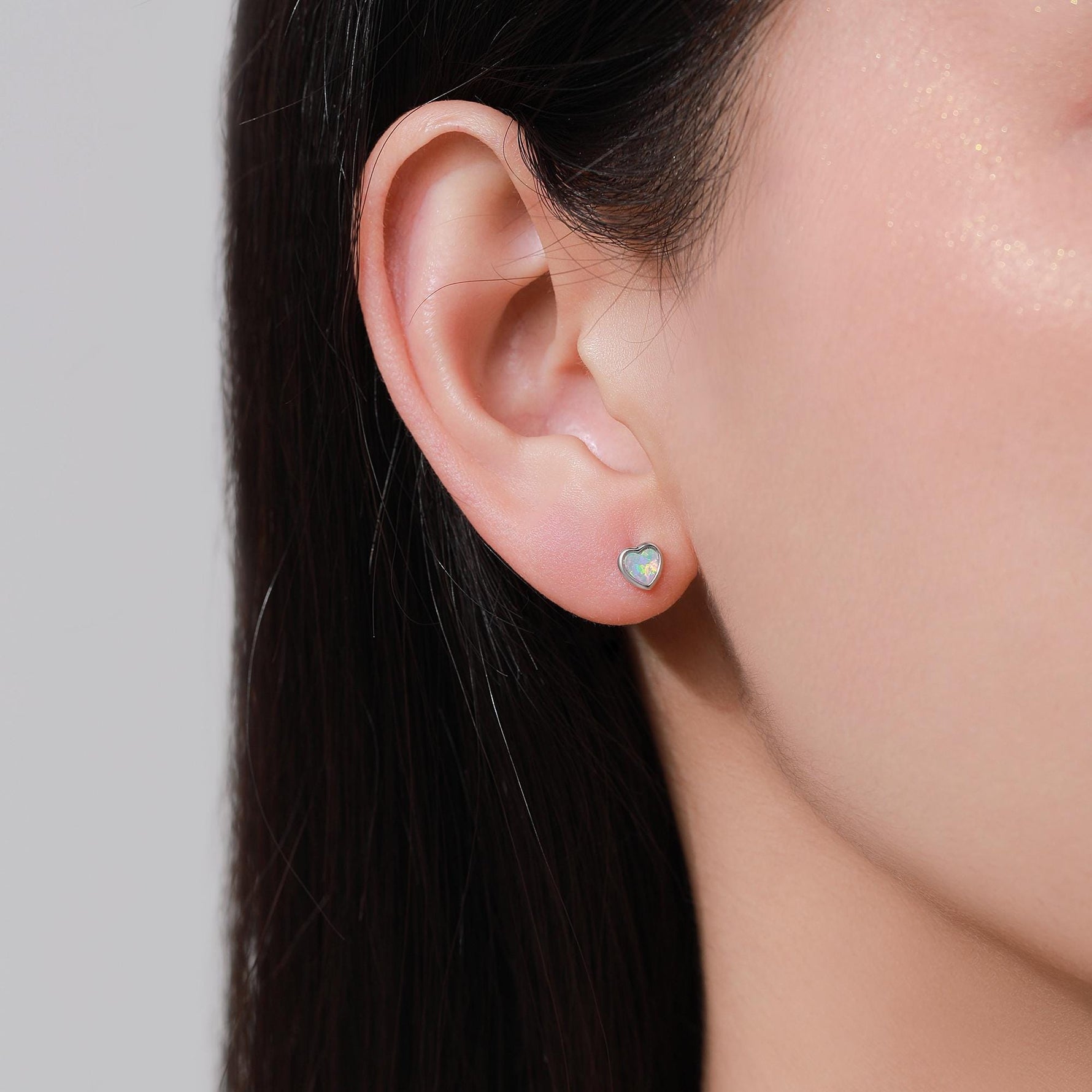 White Opal Heart 16G Flat Back Earrings in Sterling Silver