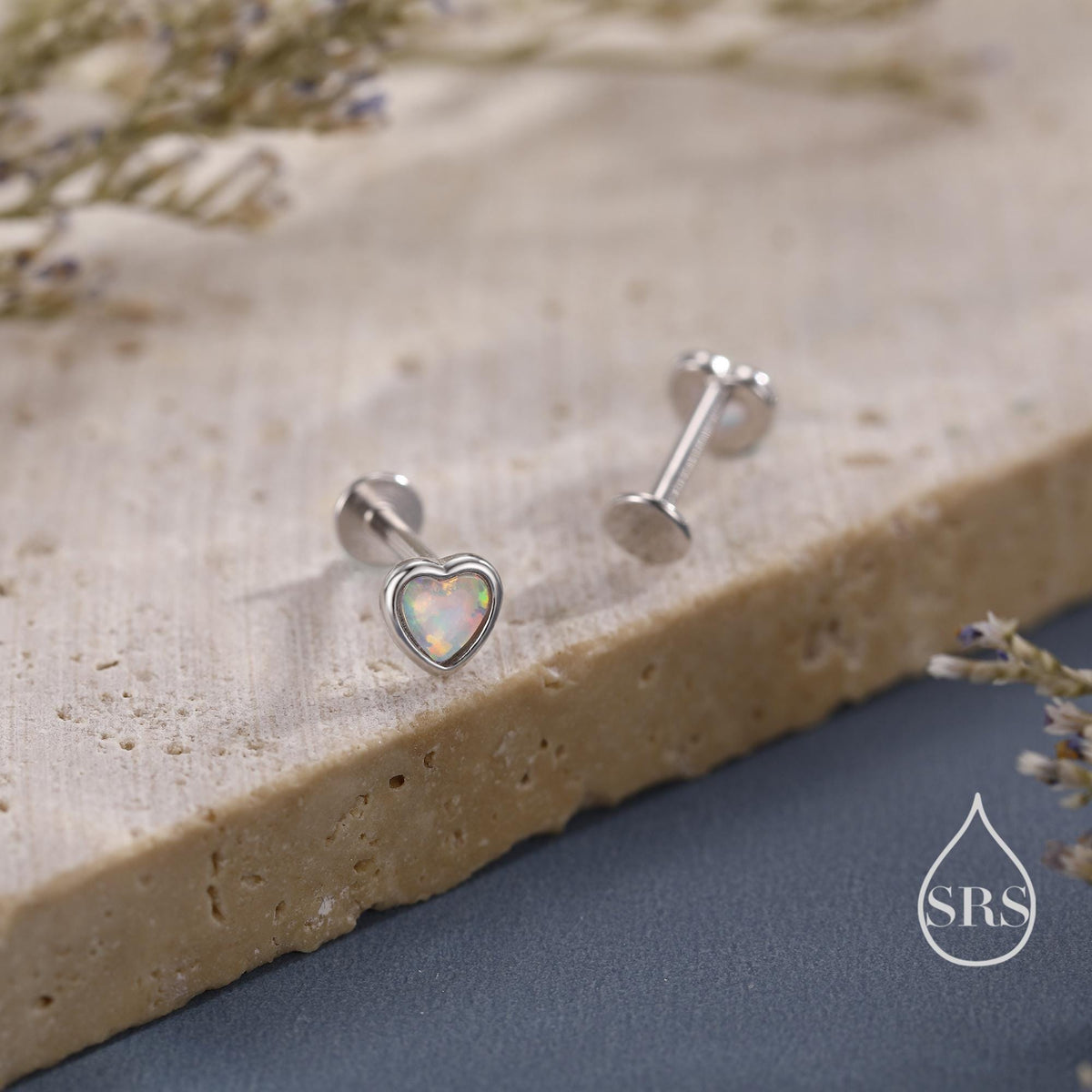 White Opal Heart 16G Flat Back Earrings in Sterling Silver