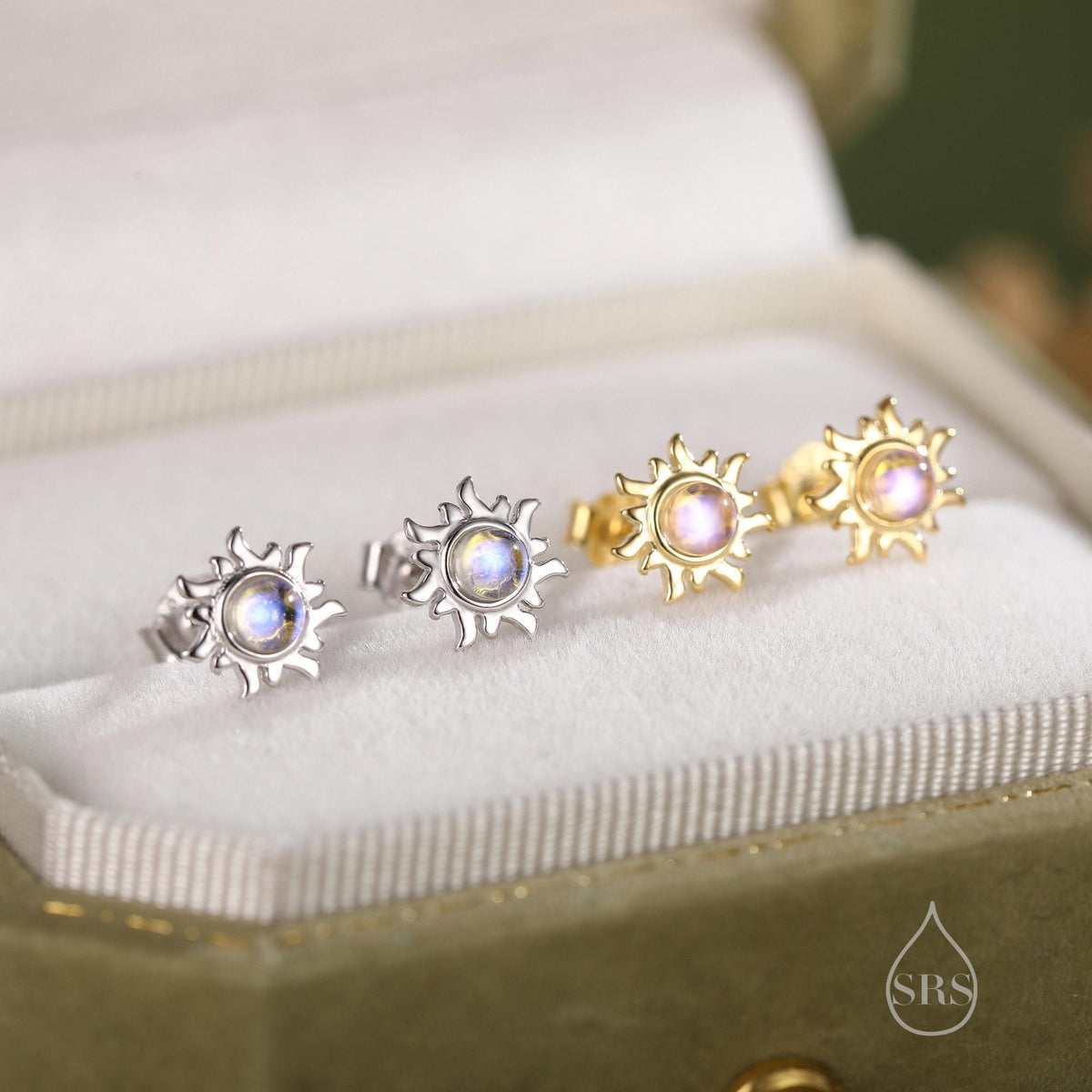 Tiny Sun Stud Earrings in Sterling Silver with Simulated Moonstone, Silver or Gold, Sun Earrings, Celestial Earrings