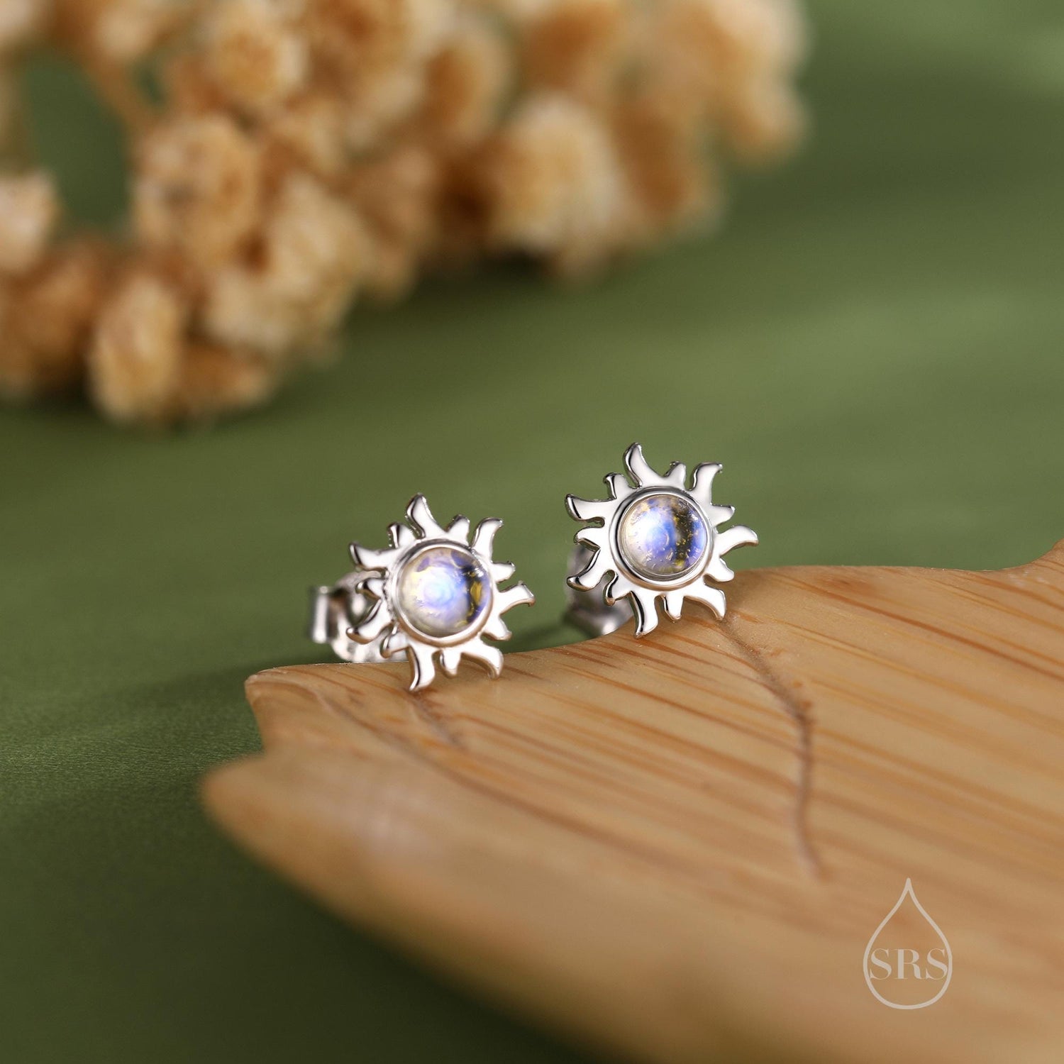 Tiny Sun Stud Earrings in Sterling Silver with Simulated Moonstone, Silver or Gold, Sun Earrings, Celestial Earrings