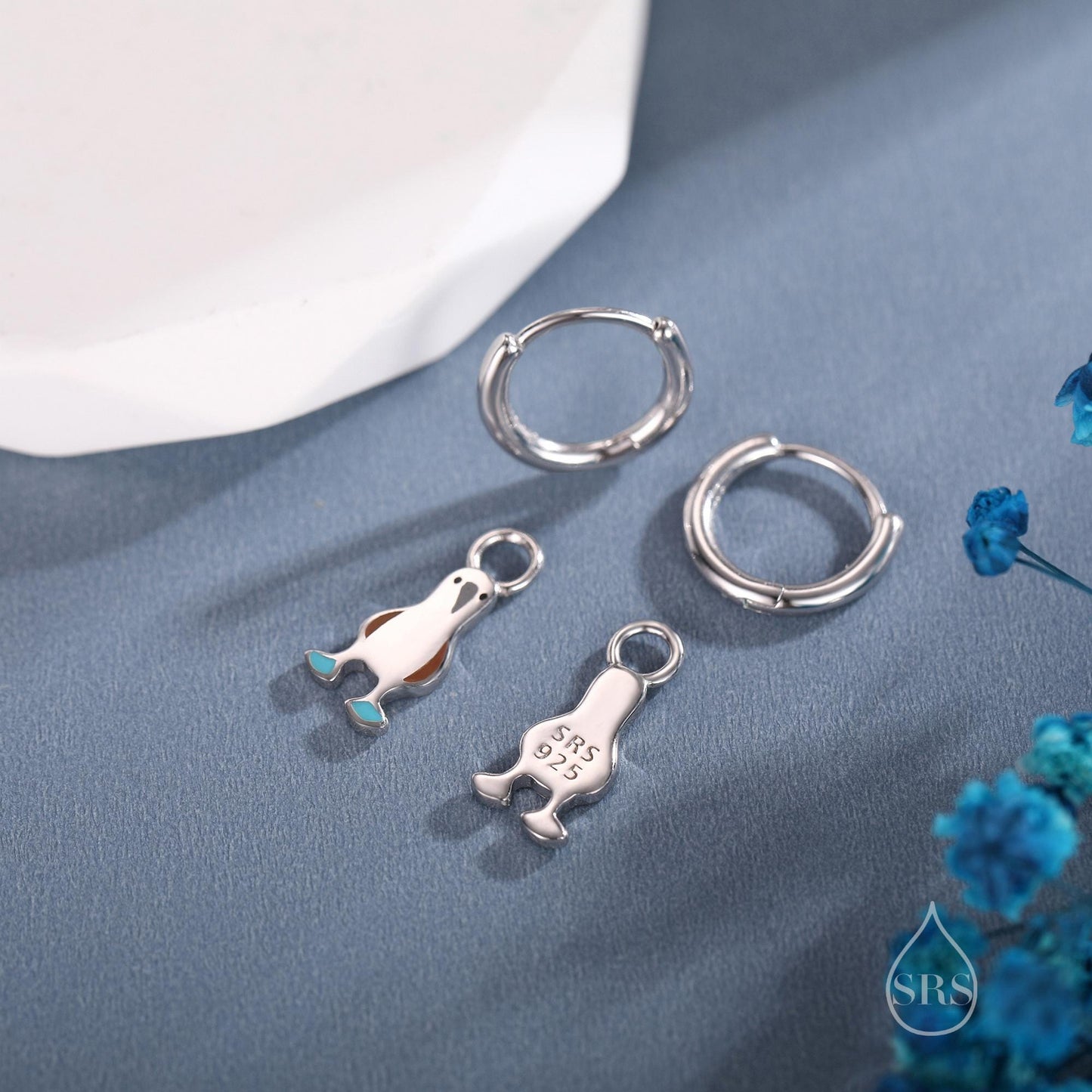 Sterling Silver Blue Footed Boobie Huggie Hoop Earrings, Detachable Charm Hoops, Blue-Footed Boobie Bird Dangle Earrings, Bird Jewellery