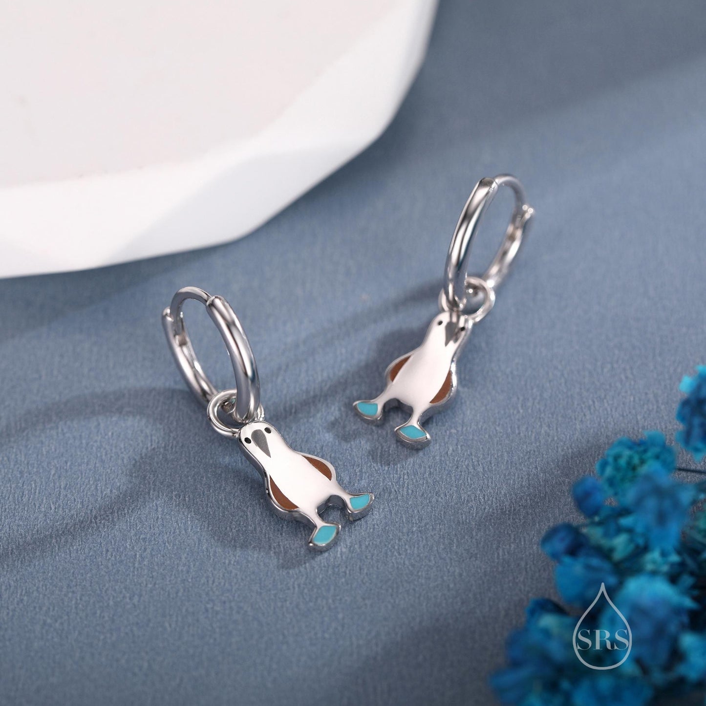 Sterling Silver Blue Footed Boobie Huggie Hoop Earrings, Detachable Charm Hoops, Blue-Footed Boobie Bird Dangle Earrings, Bird Jewellery