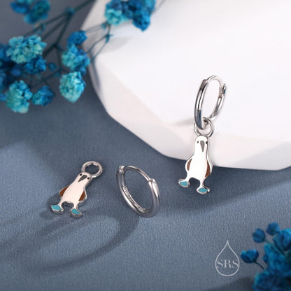 Sterling Silver Blue Footed Boobie Huggie Hoop Earrings, Detachable Charm Hoops, Blue-Footed Boobie Bird Dangle Earrings, Bird Jewellery