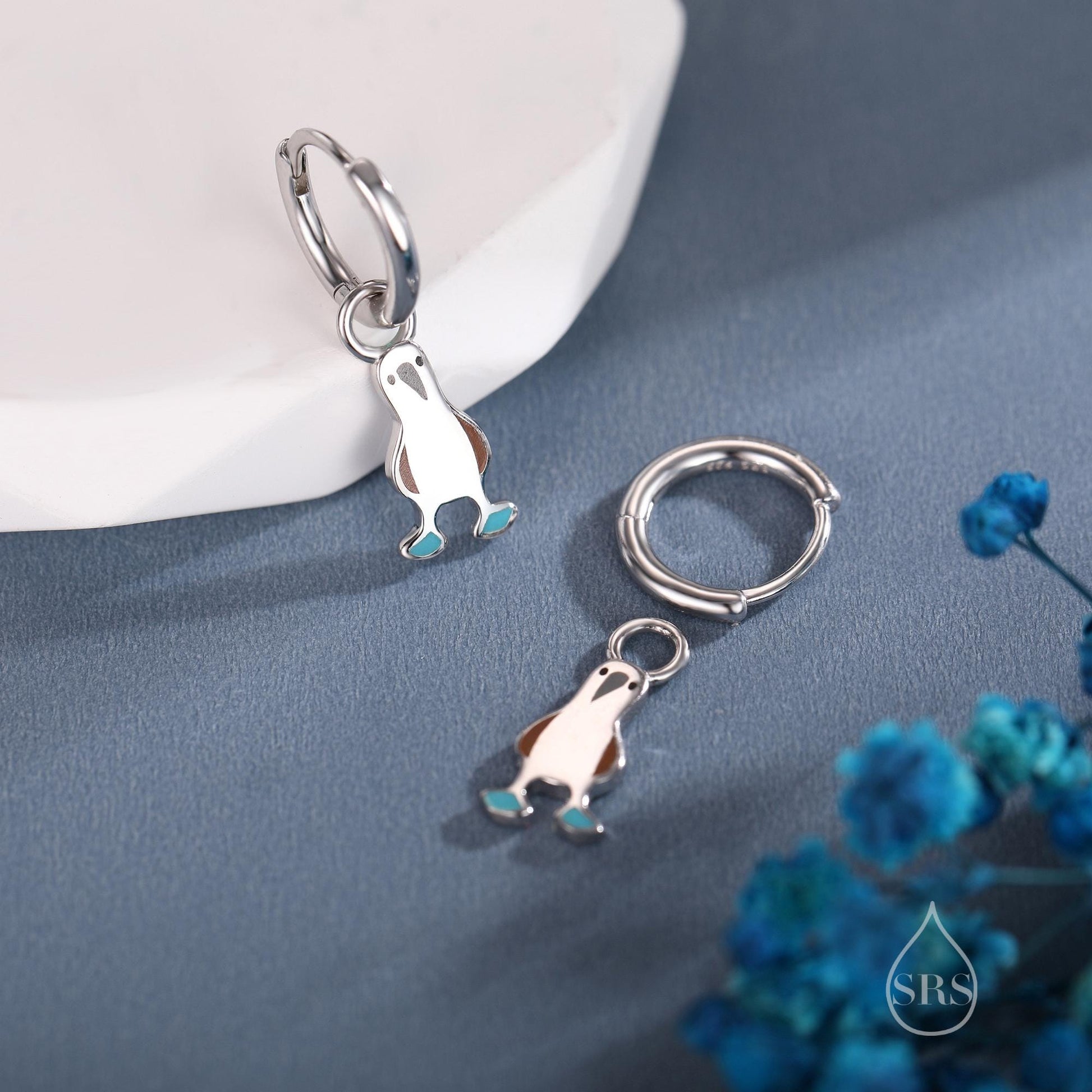 Sterling Silver Blue Footed Boobie Huggie Hoop Earrings, Detachable Charm Hoops, Blue-Footed Boobie Bird Dangle Earrings, Bird Jewellery