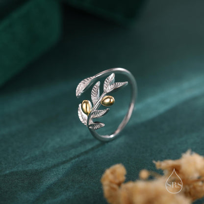 Olive Leaf with Olive Ring in Sterling Silver, Two Tone Finish, Adjustable Size, Olive Branch Botanical Jewellery, Olive Fruit Ring