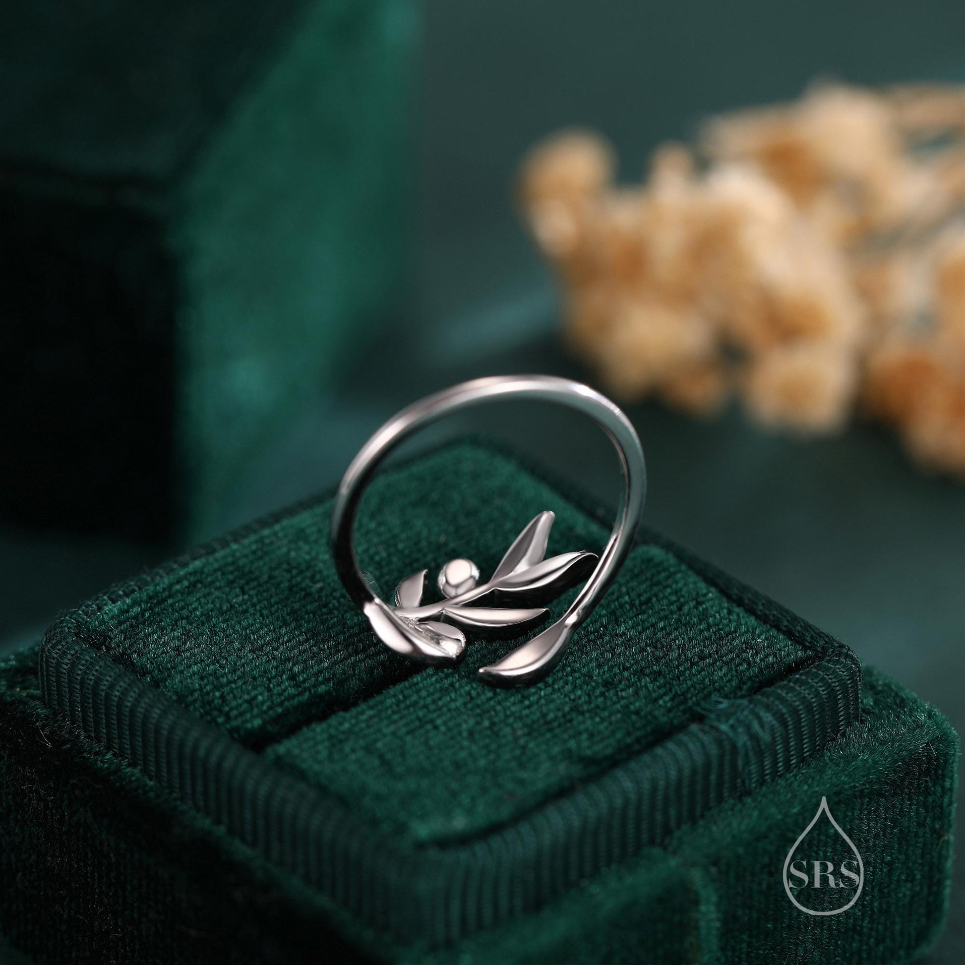 Olive Leaf with Olive Ring in Sterling Silver, Two Tone Finish, Adjustable Size, Olive Branch Botanical Jewellery, Olive Fruit Ring